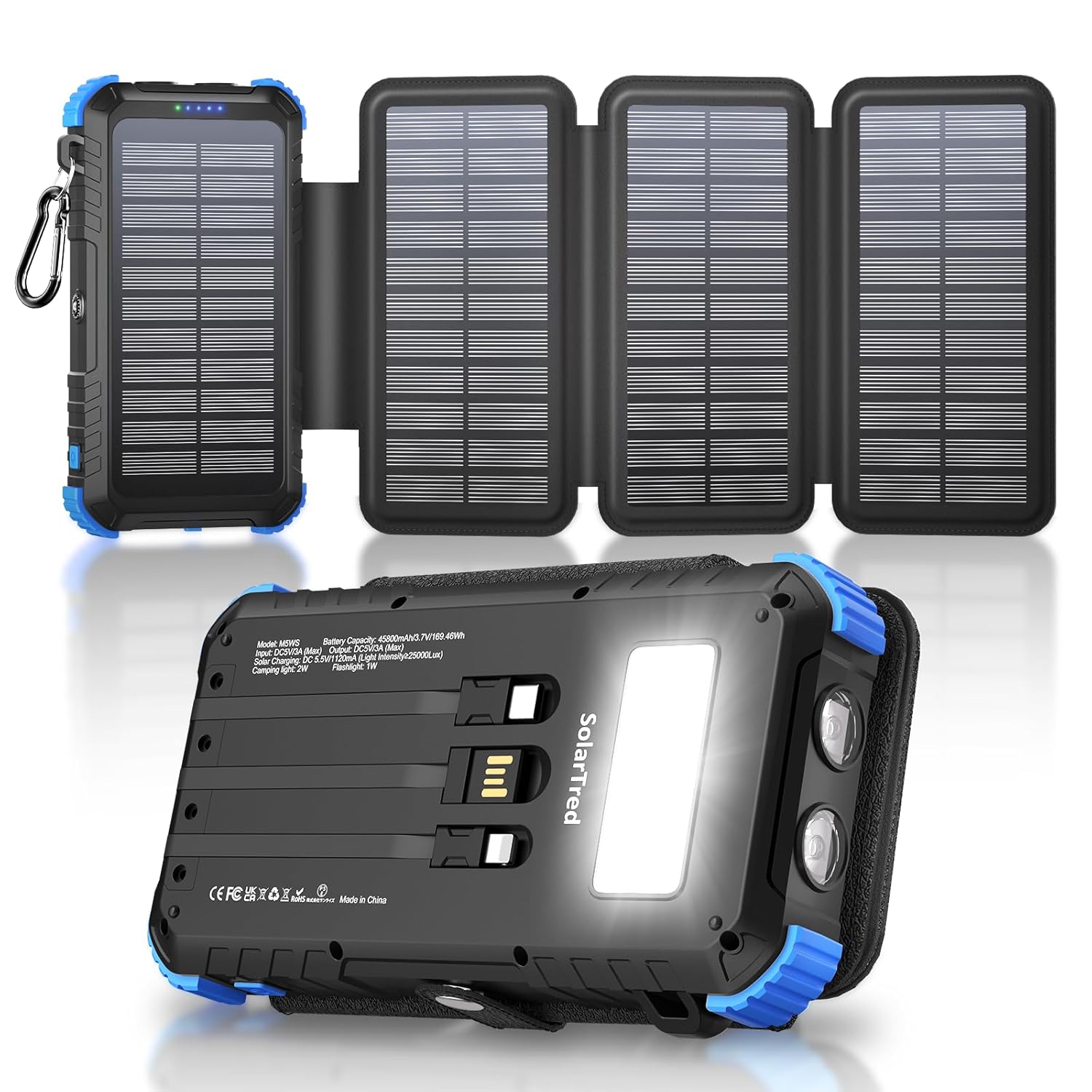 Solar Power Bank 45800mAh with 4 Panels Portable Solar Charger with Build-in 3 Cables for iPhone USB C