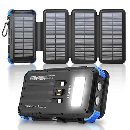 Solar Power Bank 45800mAh with 4 Panels, Portable Solar Charger with Build-in 3 Cables for iPhone