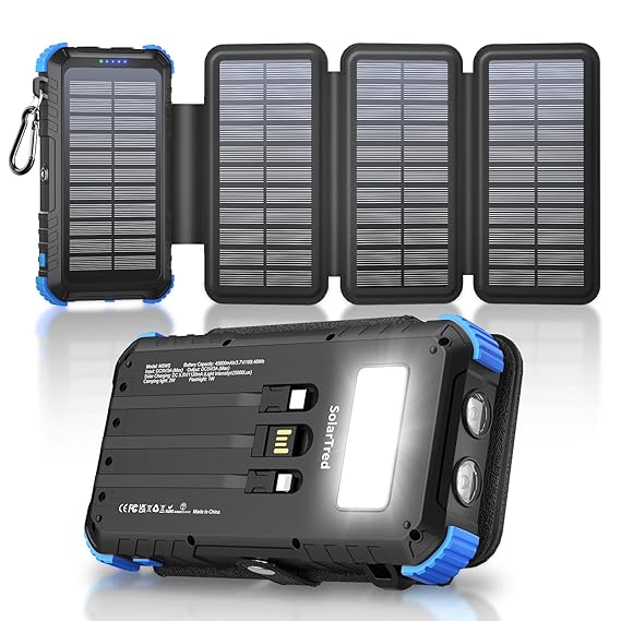 Solar Power Bank 45800mAh with 4 Panels, Portable Solar Charger with Build-in 3 Cables for iPhone