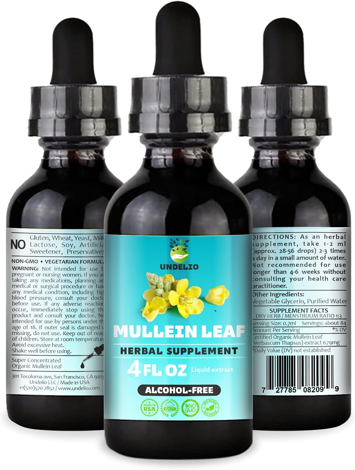 Undelio's Herbal Mullein Leaf Extract - Organic & Alcohol-Free Tincture for Respiratory, Lung, Sleep & Digestive Support - Non-GMO, Vegan - 4 fl. Oz for Immune Health & Lung Detox