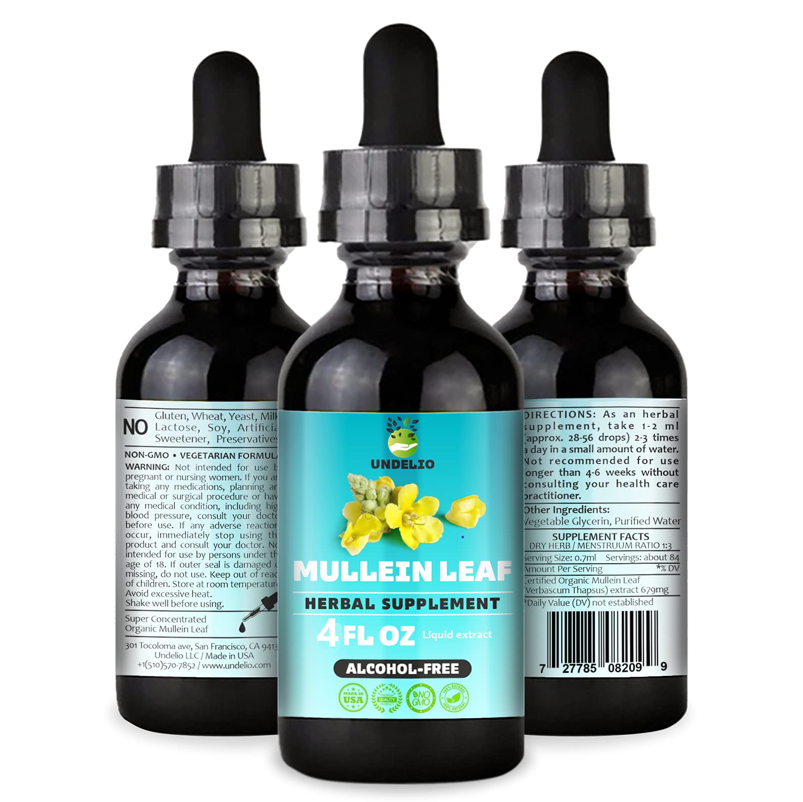 Undelio's Herbal Mullein Leaf Extract - Organic & Alcohol-Free Tincture for Respiratory, Lung, Sleep & Digestive Support - Non-GMO, Vegan - 4 fl. Oz for Immune Health & Lung Detox