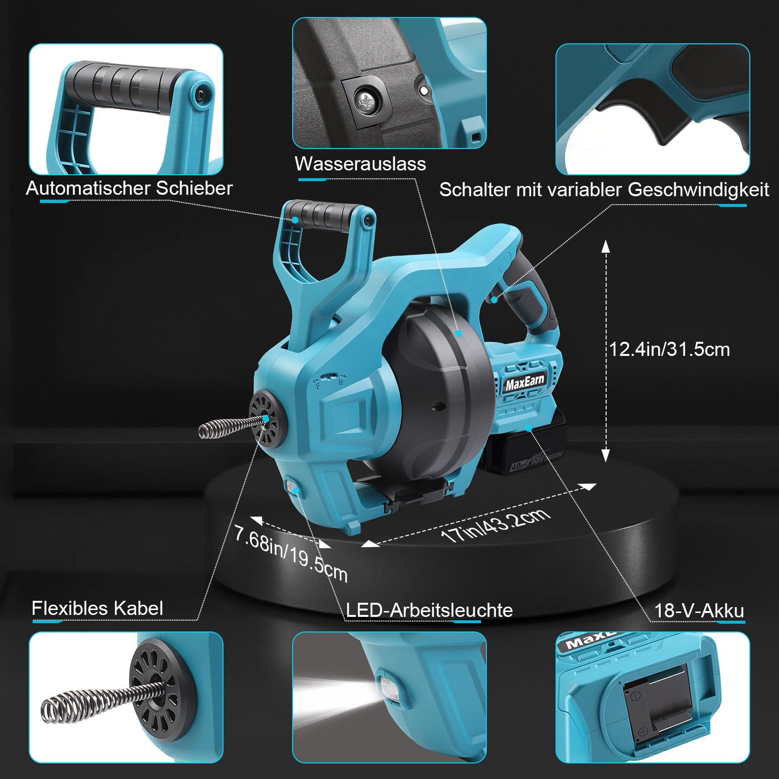 Espiral de limpieza automática de tuberías con batería, compatible con batería Makita de 18 V, 23,6 pies, desatascador de desagües, para 19-85 mm, limpiador de tuberías en espiral para cocina