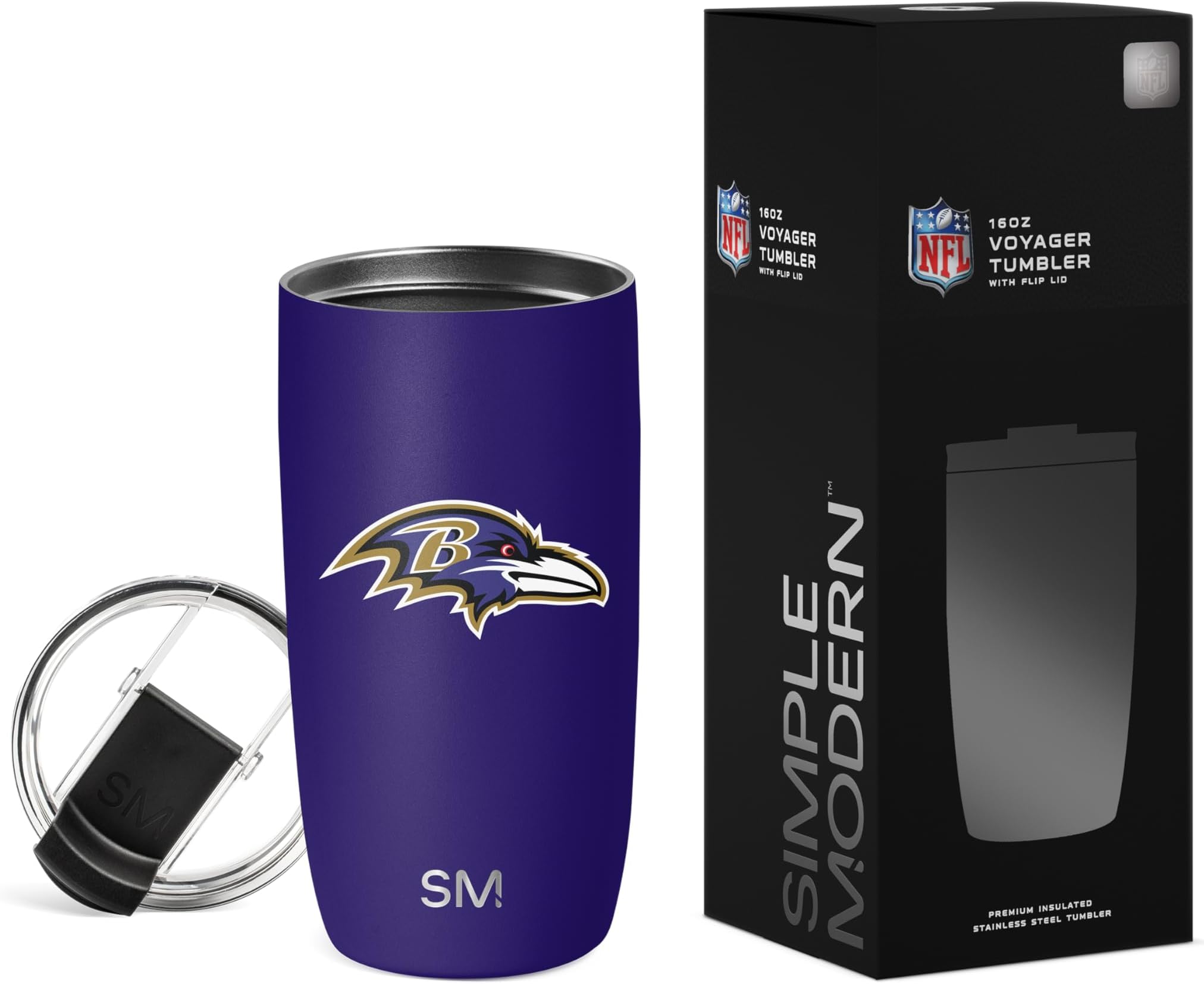 Officially Licensed NFL Baltimore Ravens 16oz Travel Coffee Tumbler with Flip Lid | Stainless Steel Cup | Football Gifts for Men, Women | Voyager Collection | Baltimore Ravens