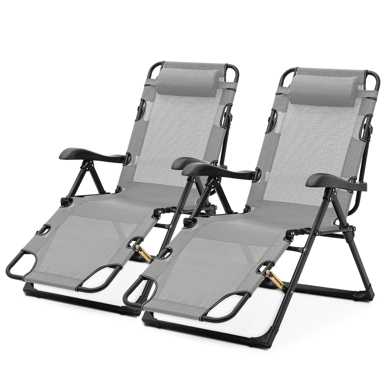 Chaise de patio pliante haut de gamme grise inclinable avec appui-tête lot de 2