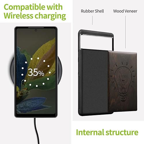 Miniatura 5 de Carveit Funda de madera para Pixel 6a 2022 madera natural y TPU suave negro a prueba de golpes, funda de madera única y elegante compatible con