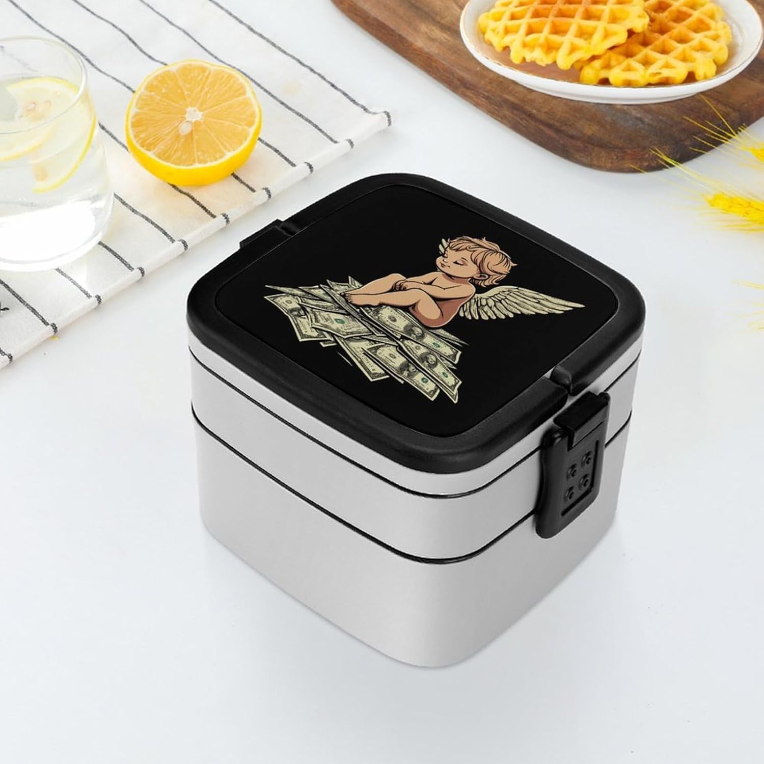Angeles Dollar Money Print Bento Box with Spoon 2 Layer Food Container Cute Lunch Box for Travel Dining Work