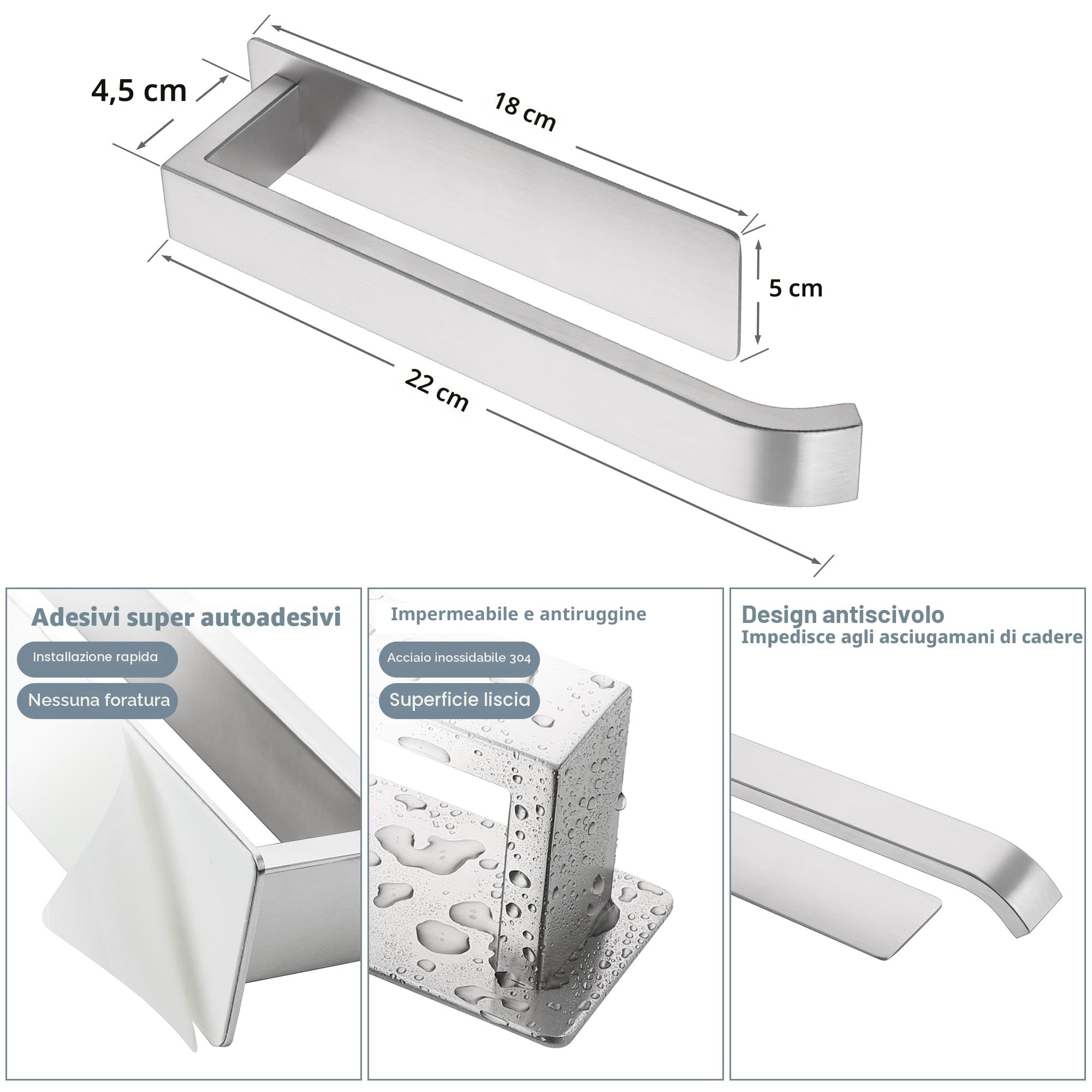 Porta Asciugamani Bagno Adesivo, Portasciugamani da Parete in Acciaio Inox 304, Senza Foratura, Stabile Elegante, Spazzolato Argento, 22CM