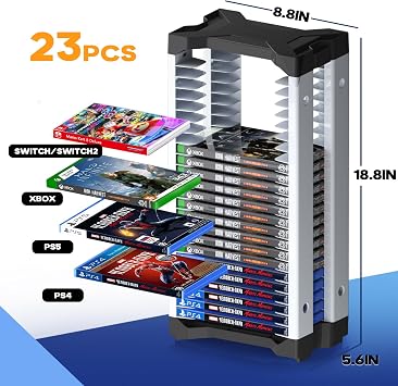 Nargos Video Game Storage Tower Universal for PS5/PS4/PS3/PS2/Xbox One/Xbox 360 And Xbox Series X/S/Wii/Switch/Switch 2 Game Cases, DVD And Blu-Ray Disks, Organizer Para Juegos, Regalo Gamer (23 Pcs)