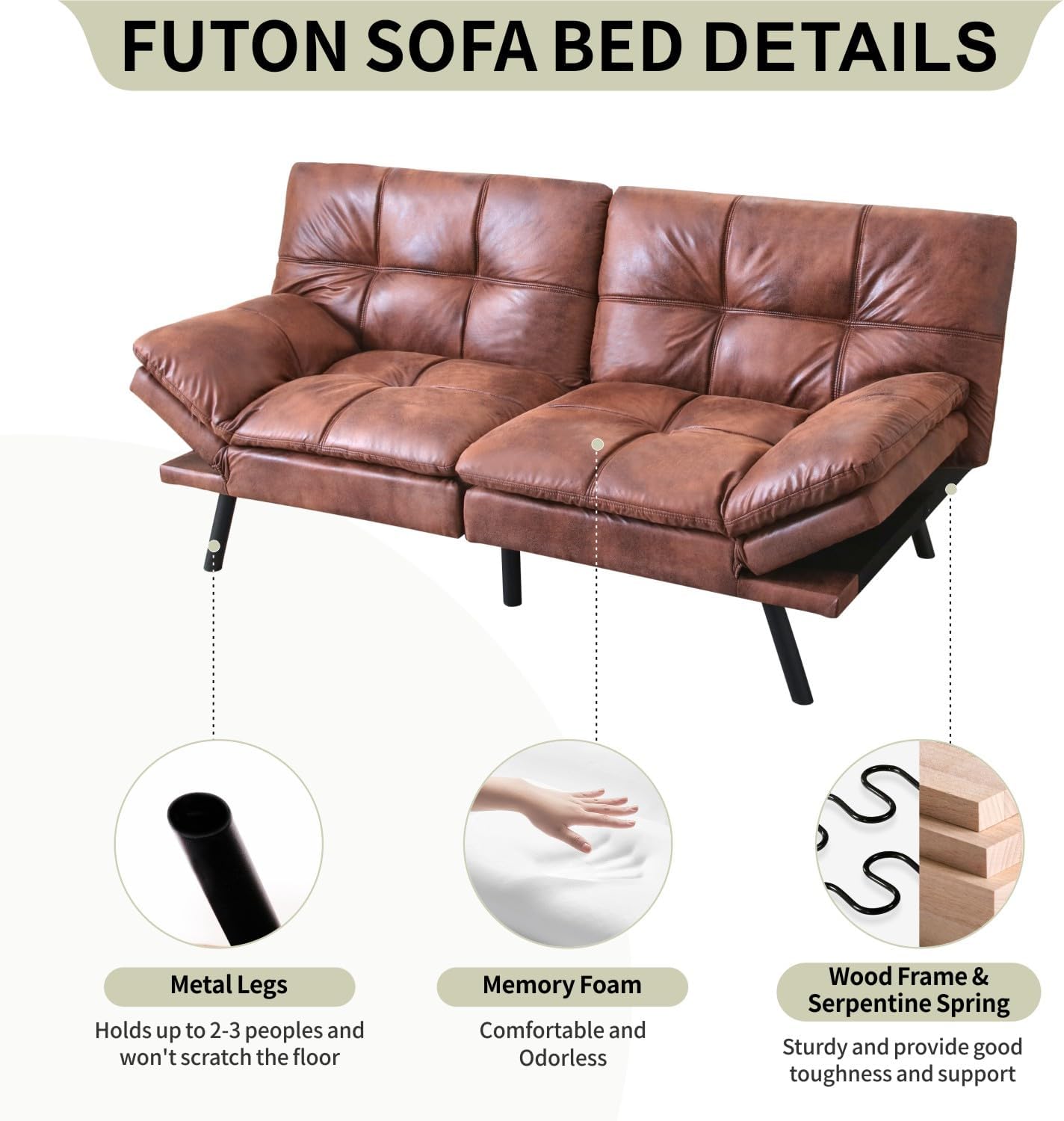 MUUEGM Faux Leather Futon Sofa Bed, Convertible Memory Foam Modern Couch Bed for Living Room,Compact Space,Apartment,Office,Adjustable Backrests Armrests Couch Sleeper,71" Loveseat,Dark Brown