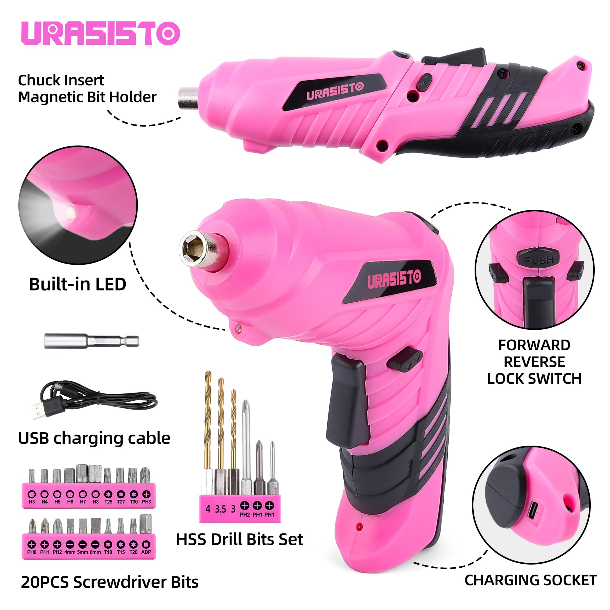 URASISTO 123 Piece Pink Tool Set - Electric Screwdriver Kit -3