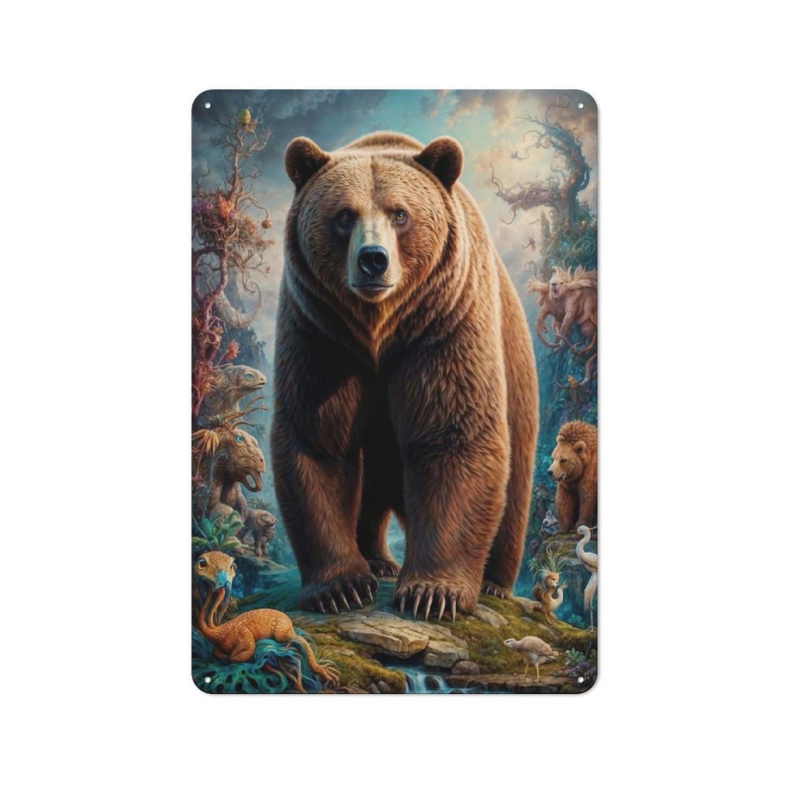 Junmoney Surreal Grizzly Bear Rustic Metal Plaque 30X20cm For Studio Or Craft Room, Housewarming Present For People Styling Studio And Craft Room