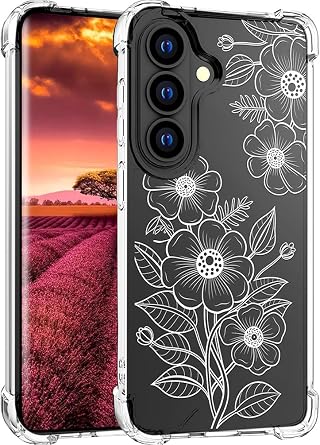 Compatible with Samsung Galaxy S26+ Plus Case Cute Clear for Women,Cool Transparent Silicone Phone Cases Cover - White Flower Line Art