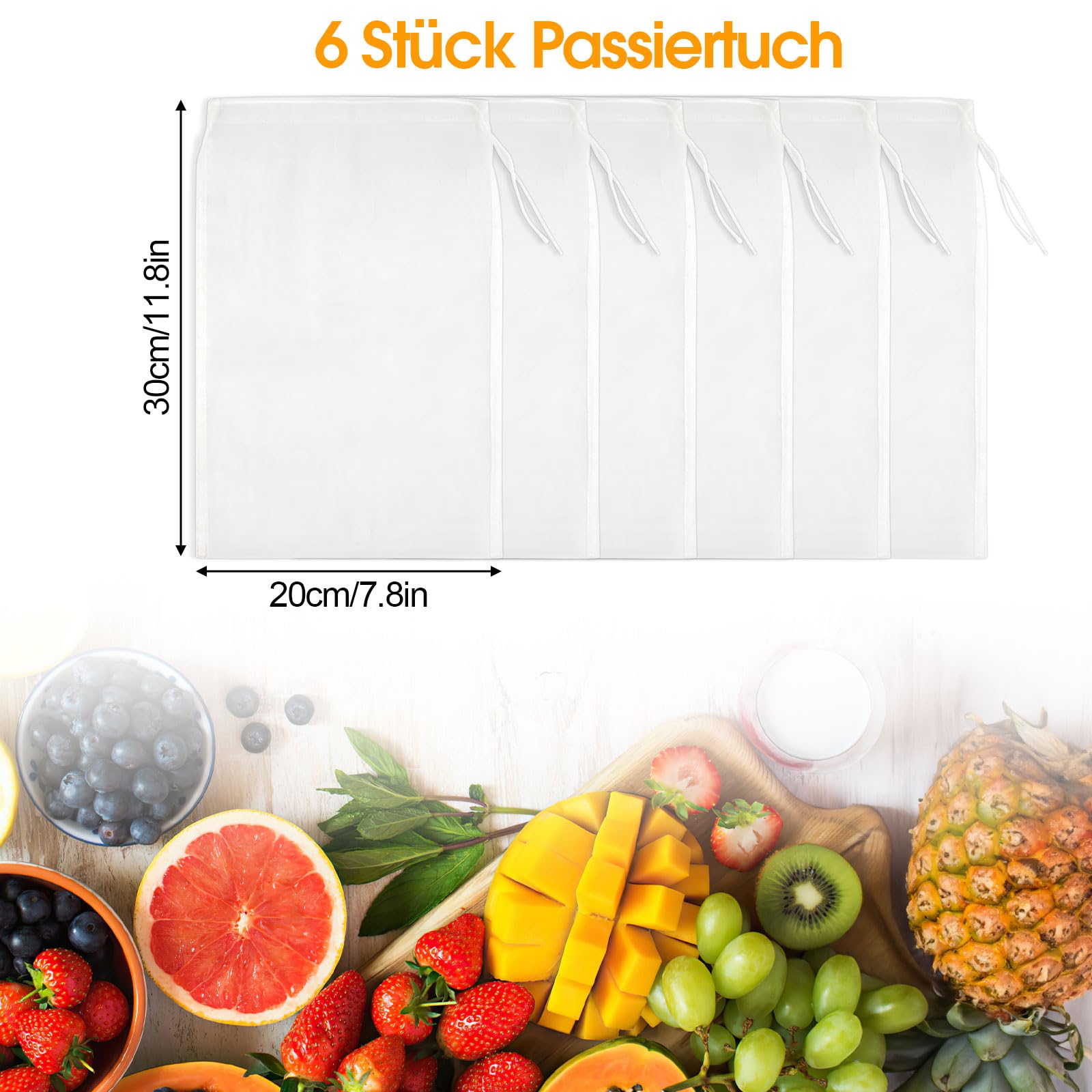 Sacchetti per latte di noci, 6 panni riutilizzabili, 20 × 30 cm, tessuto fine, in nylon, sacchetti per latte di noci, lavabili con coulisse, per latte di noci, formaggio, caffè, yogurt, succo di