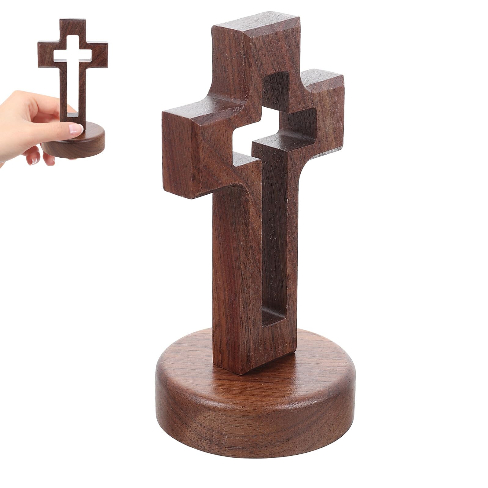 Cruz de madera artesanal LIFKOME con soporte tallado de nogal premium 8