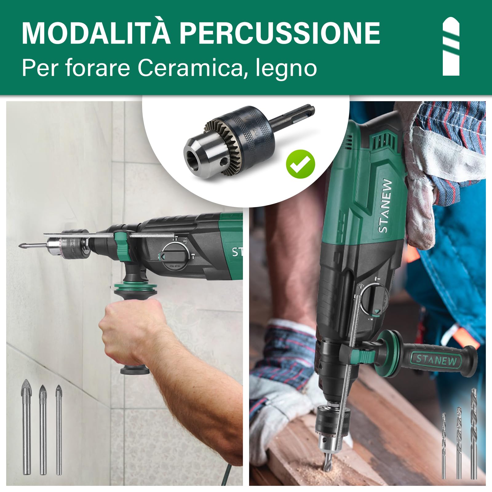 STANEW Martello Perforatore SDS Plus 950W, Martillo ligero 0-1150giri/min/5100BPM,4 funzioni e frizione di sicurezza, impugnatura girevole a 360°, velocità variabile, Calcestruzzo Acciaio, Legno (1)