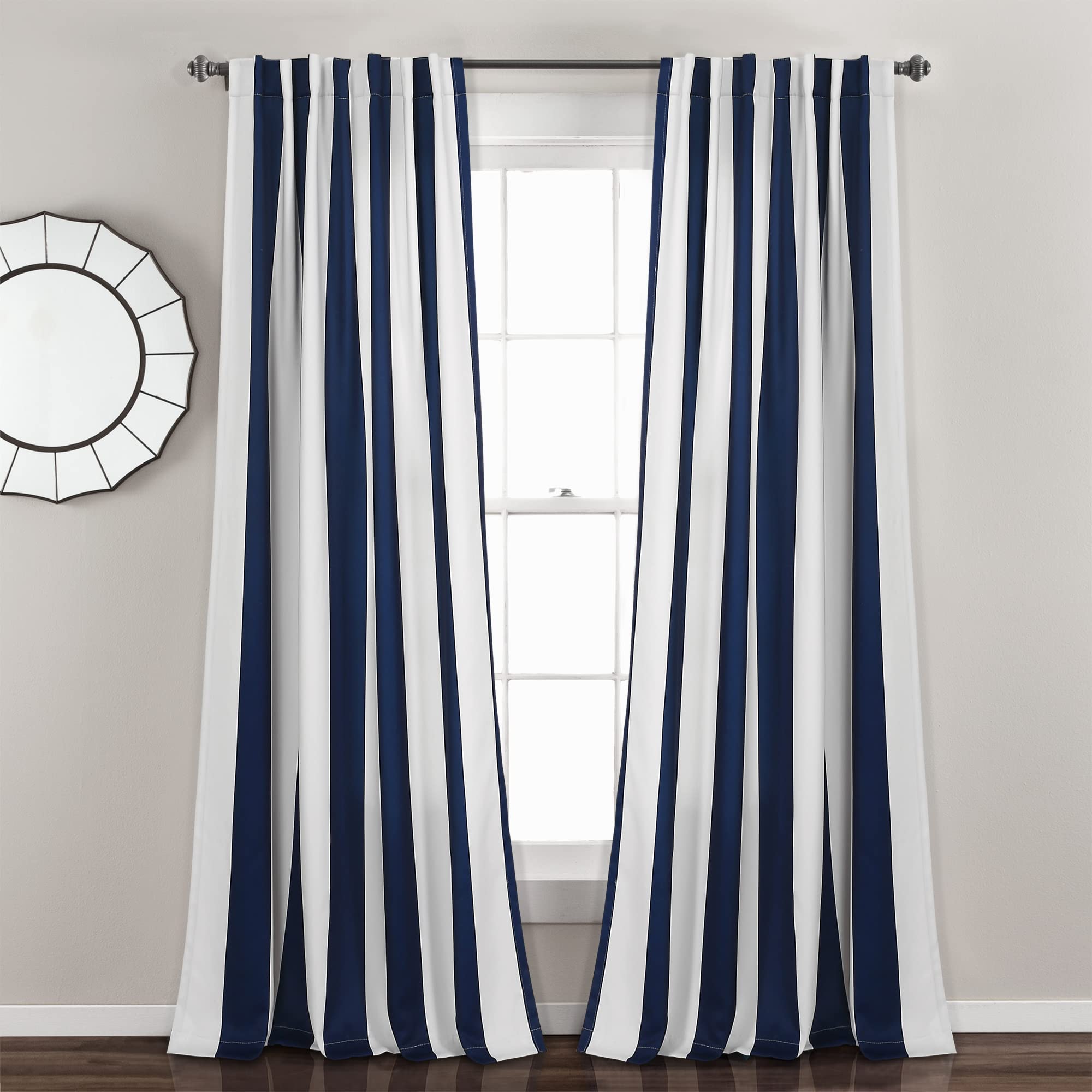 Lush Decor Wilbur Stripe Light Filtering Window Curtain Panel Pair, 84" Long x 52" Wide, Navy