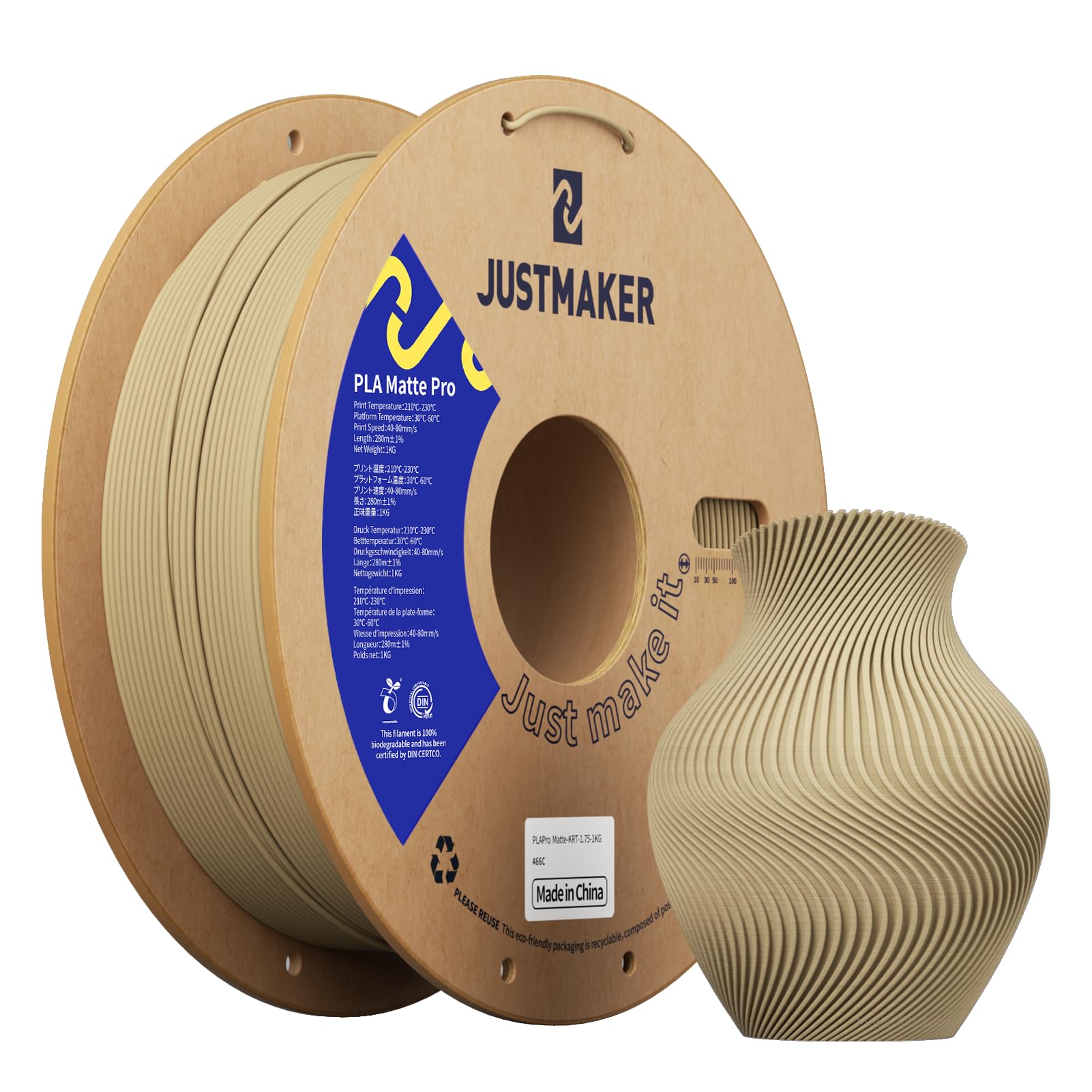 JUSTMAKER PLA Matte 3D Printer Filament, Upgrade Cardboard Spool, Print with Most 3D Printers, Dimensional Accuracy +/-0.03mm, 1.75mm, 1kg, Kraft