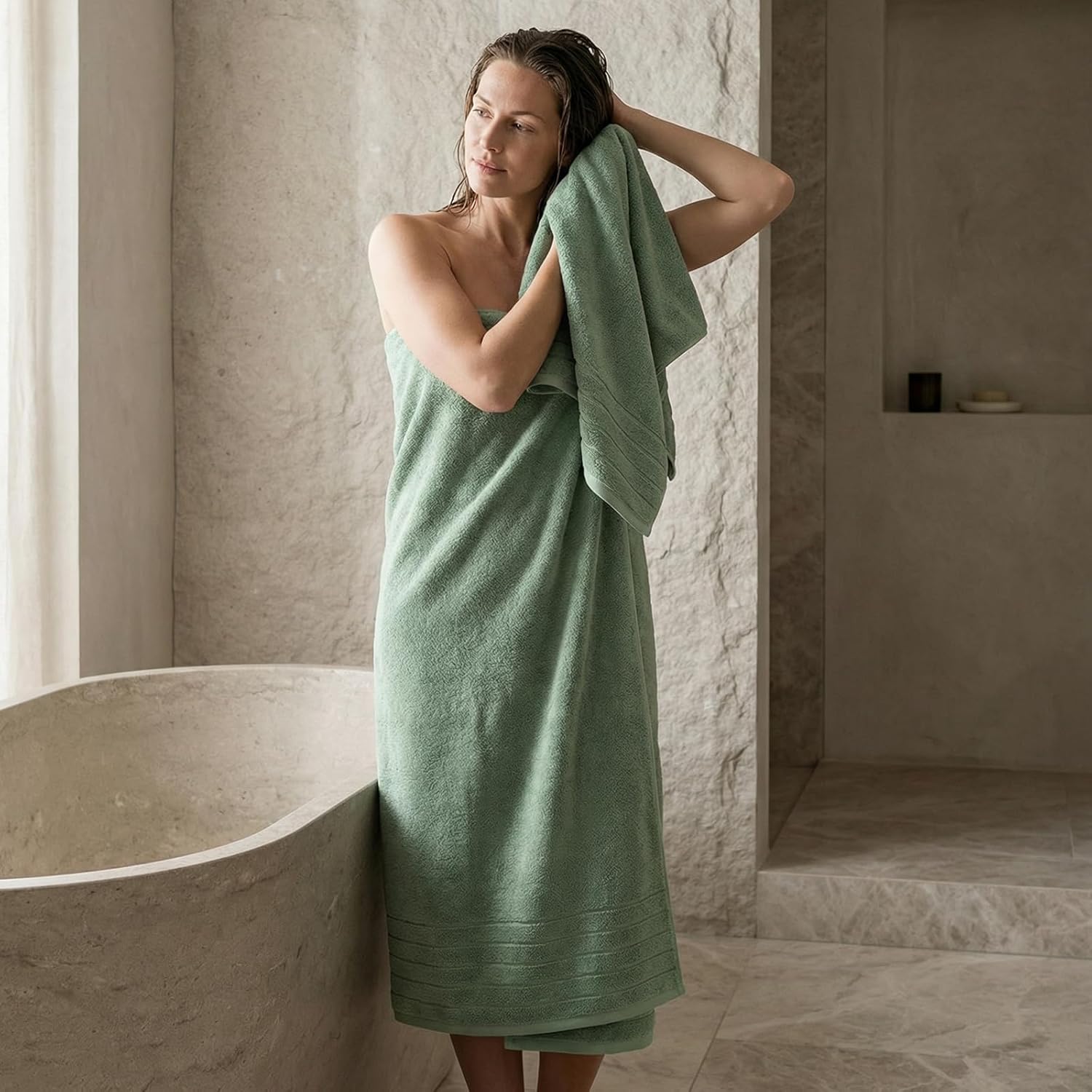 REDKISS 2 Pack 100% Cotton Thick Extra Large Bath Towels 35 X 70 Inches, Quick Dry, Ultra Soft & Highly Absorbent Green Bathroom Towel Sets for Bathroom, Gym, Spa, Pool & Hotel