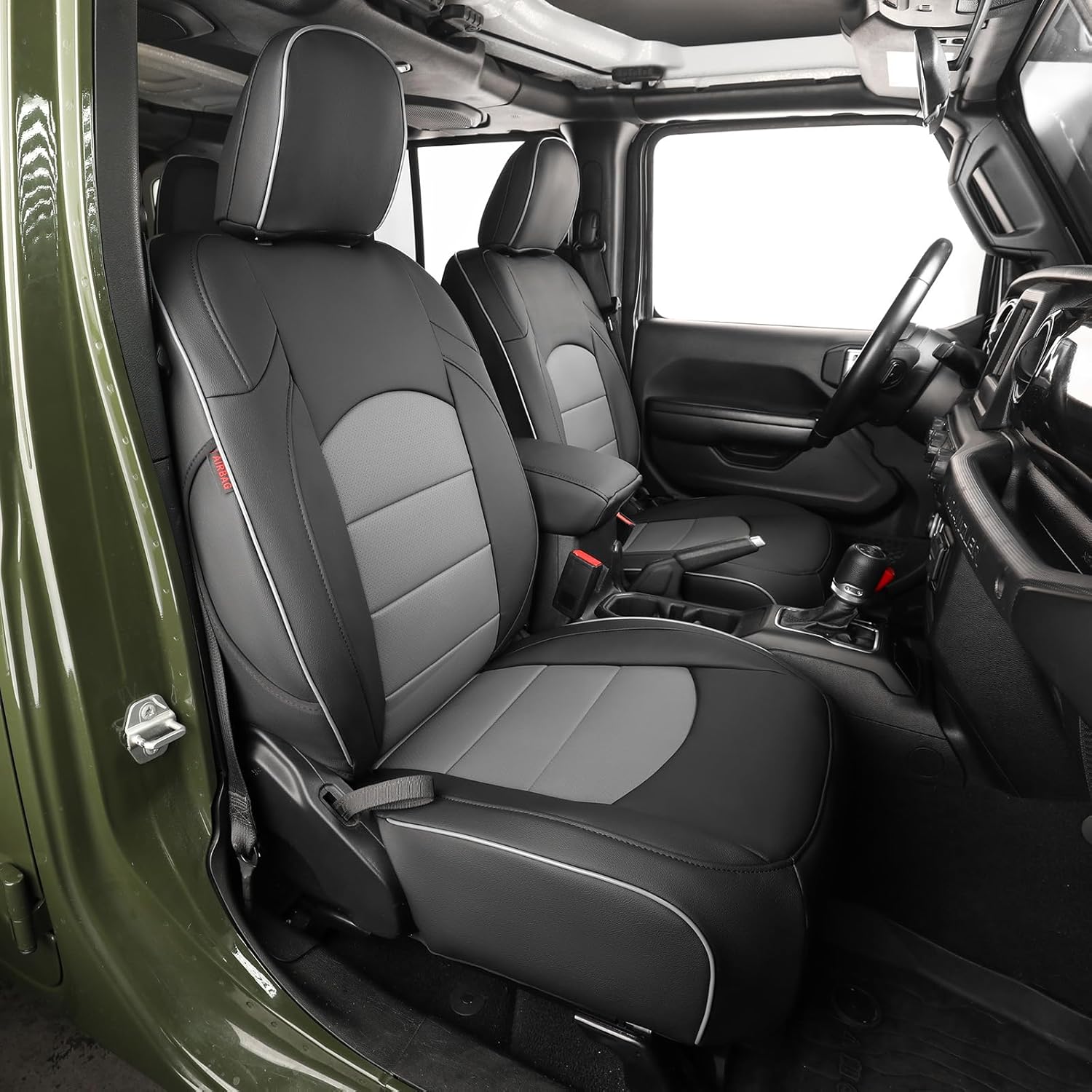 EKR Wrangler Seat Covers Custom Fit for Jeep Wrangler(2 Door) 2018 2019 2020 2021 2022 2023 2024 2025 2026(Manual Driver Seat) Leather Truck Seat Covers Full Set - Faux Leather(Black/Gray)