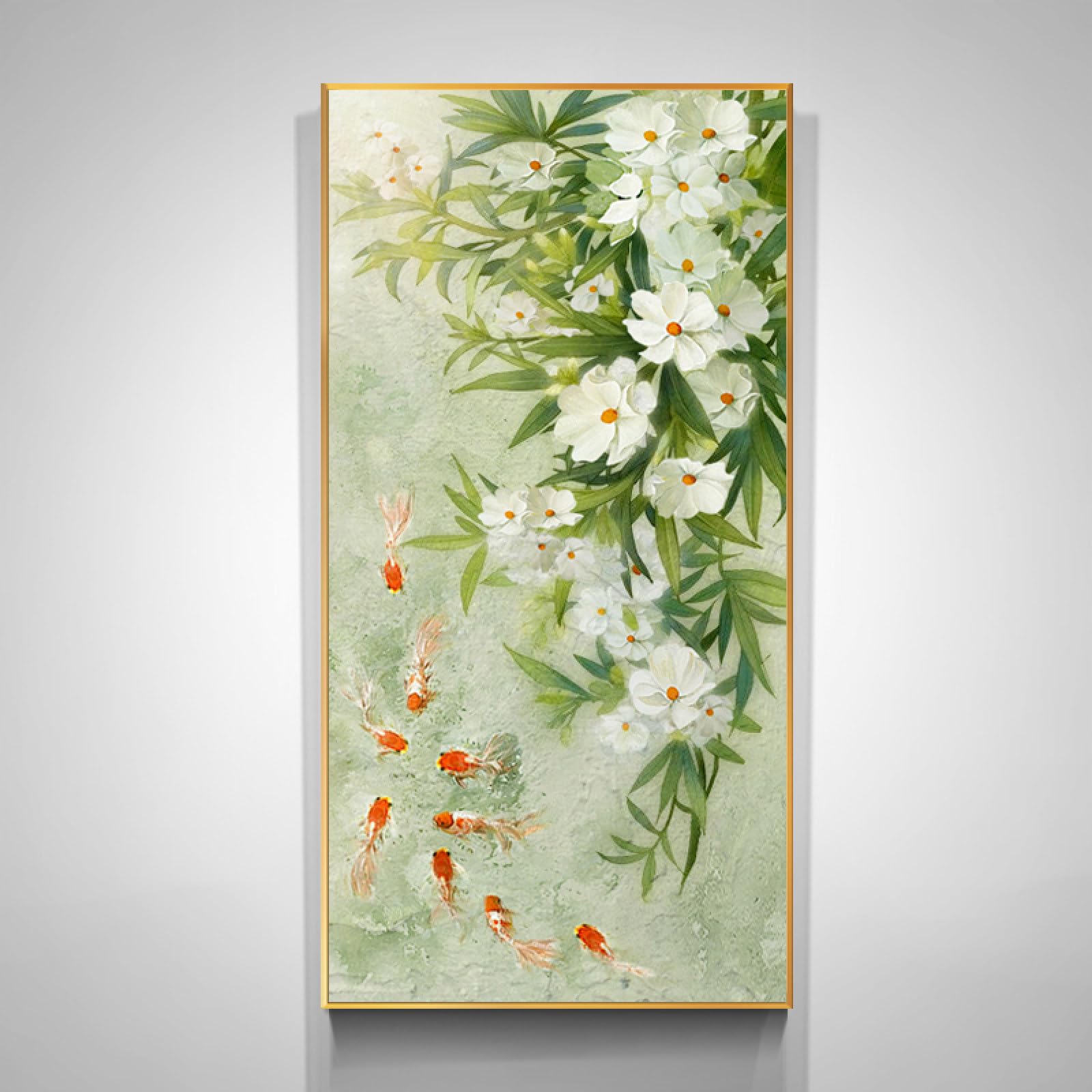Peinture à l'huile 100% peinte à la main, grande illustration florale de neuf poissons pour salon