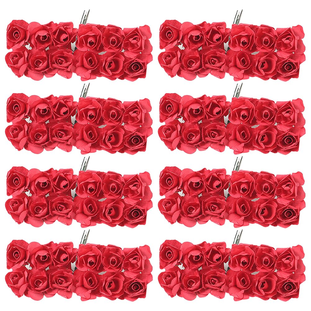 Hugede Red 144 Pcs Mini Paper Flowers Artificial Wedding Paper Flowers Small Scrapbook Flower Decorations With Wire Stem