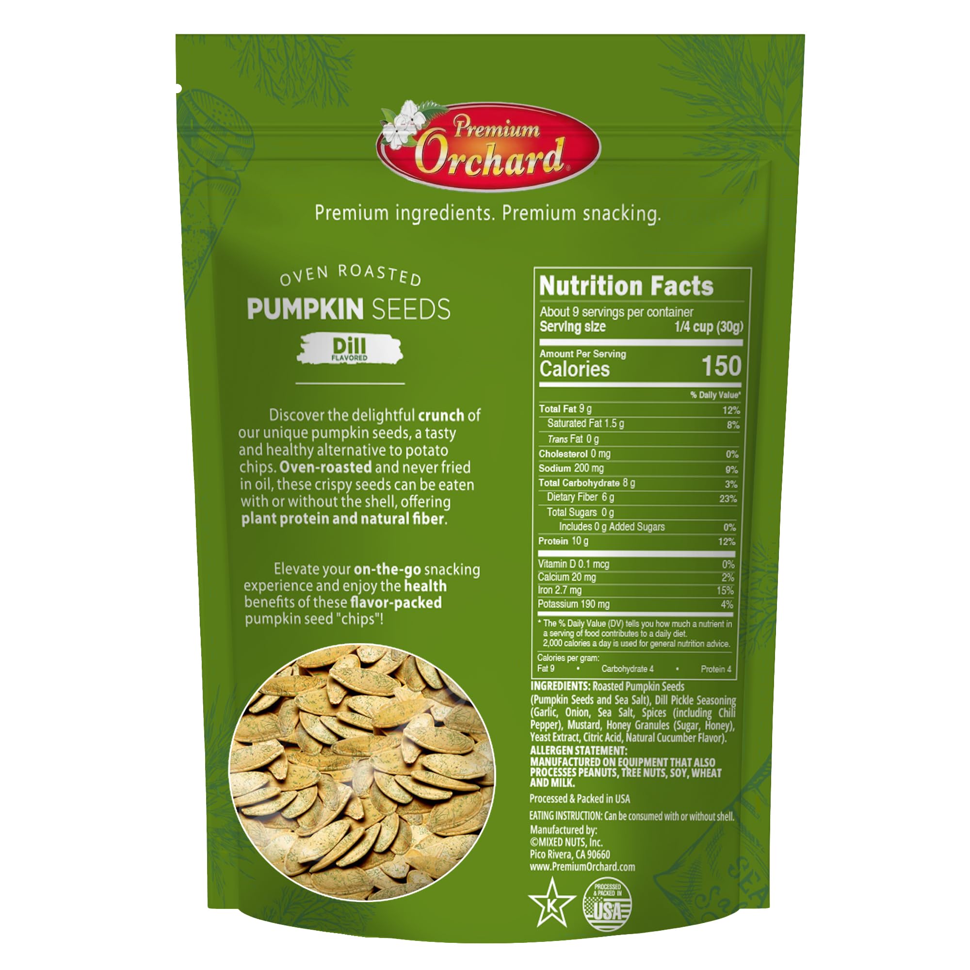 PREMIUM ORCHARD Flavored Pumpkin Seeds Oven Roasted | Dill Flavor | High Protein Snacks for Kids and Adults | Vegan Snack | Non GMO | KETO thumbnail 2