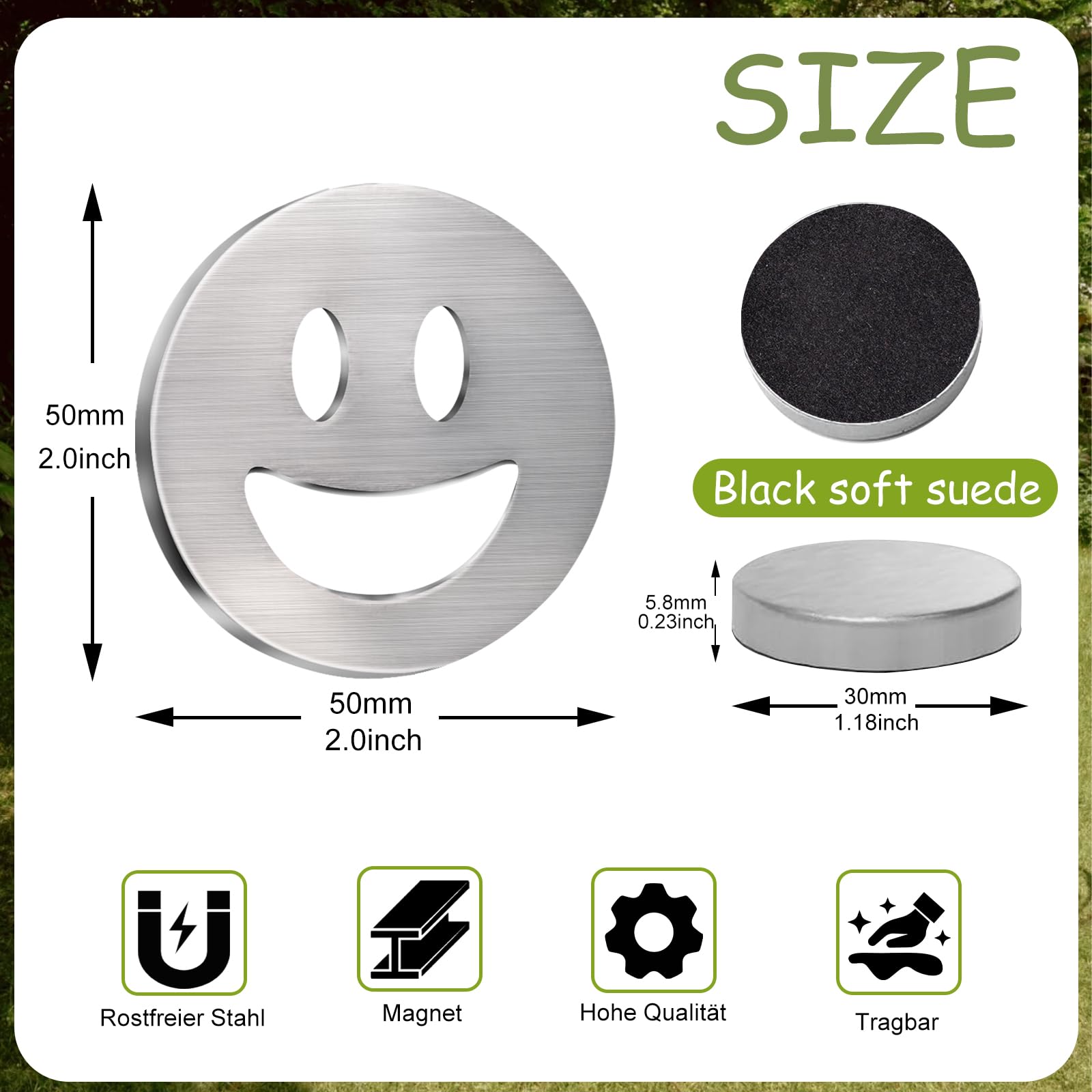 8 sztuk obciążników do obrusu ze stali nierdzewnej, magnetyczne wzornictwo Smiley, ekstra mocne, ok. 45 g na sztukę, do obrusów i firanek, obciążniki do obrusów z woreczkiem materiałowym