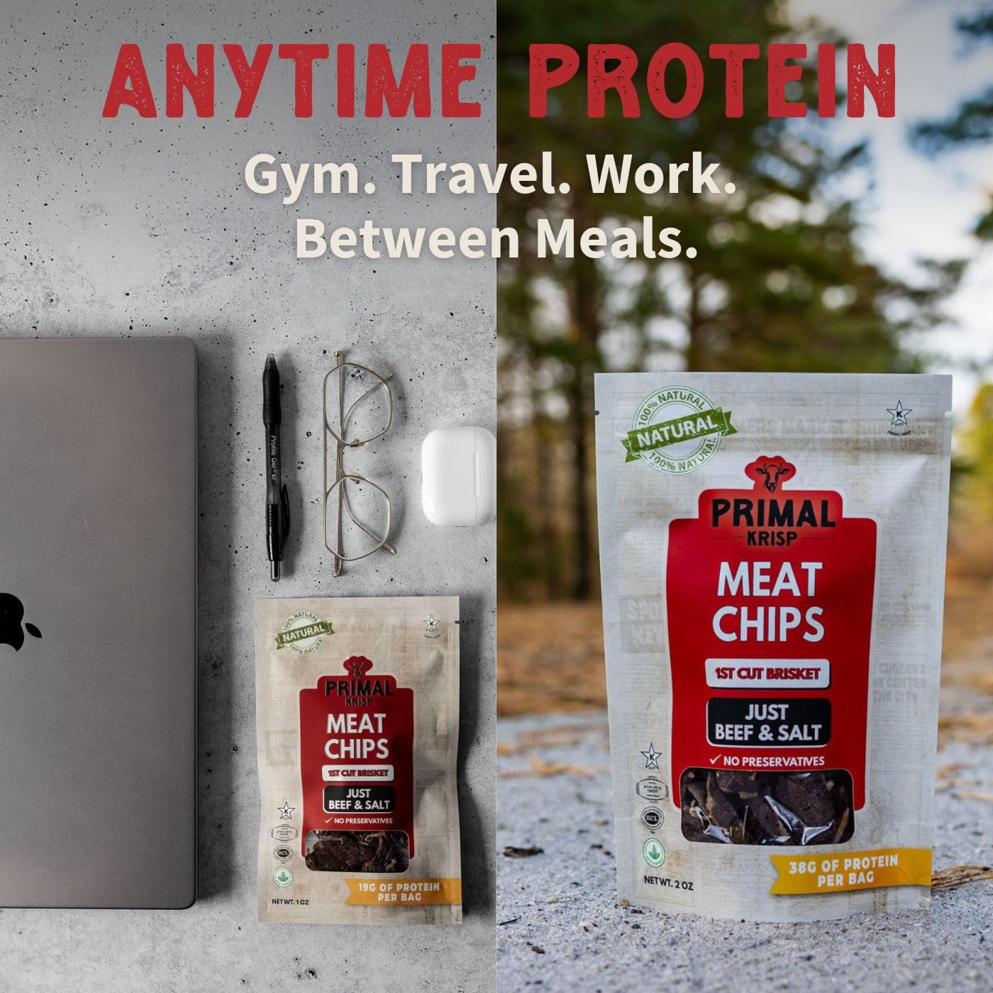Primal Krisp, Glatt Kosher, 1st Cut Brisket, Meat Chips, 3 Pack, 2oz Each, Beef, High Protein, Zero Sugar, Gluten-Free, Keto & Paleo Friendly