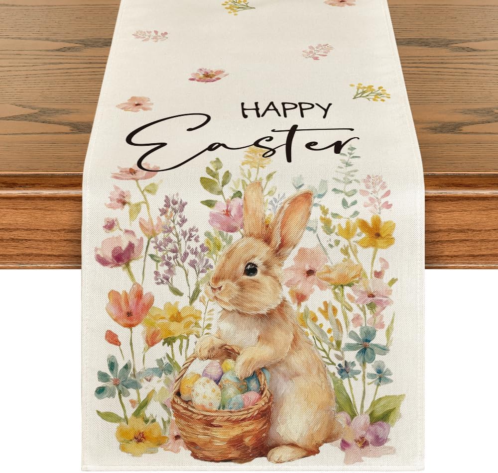 Artoid Mode Rabbit Bunny Eggs Flowers Basket 210 GSM Easter Table Runner, Seasonal Spring Kitchen Dining Table Decoration for Home Party Decor 13x72 Inch