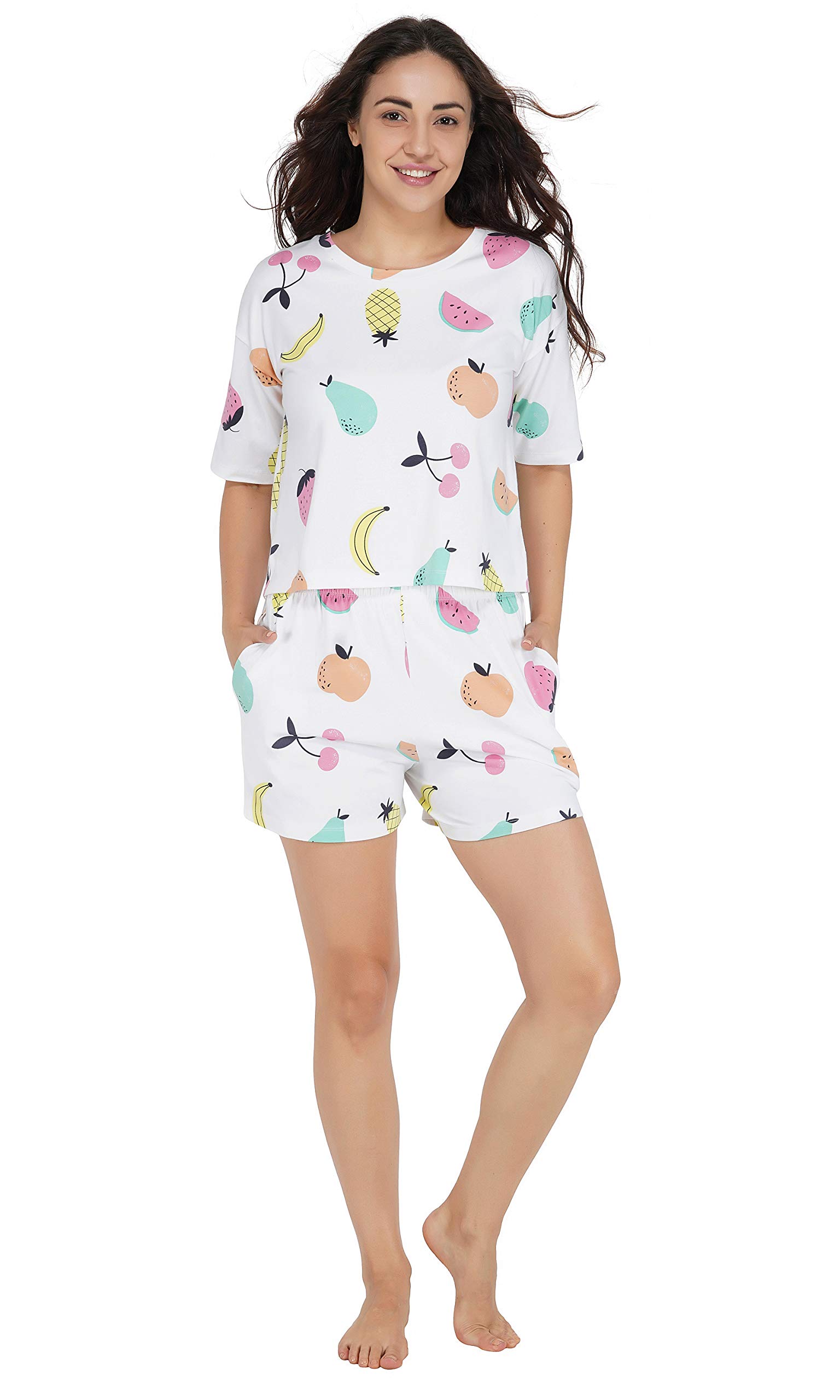 Women All Over Mixed Fruit Print White Top and Short Set