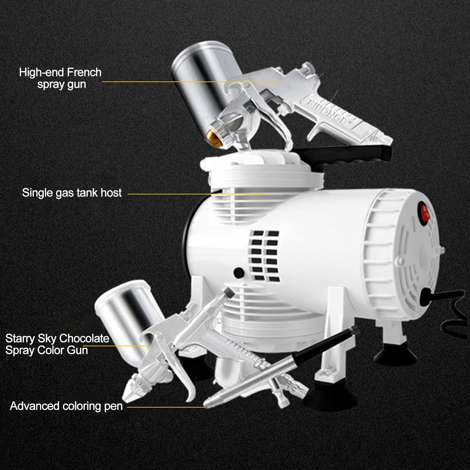 Kit de aerógrafo para tartas de alta eficiencia de 180 W con 3 pistolas, compresor de doble ventilador, perfecto para decoración de postres y hornear, soplador de 70 l/min, máquina de chorro de arena