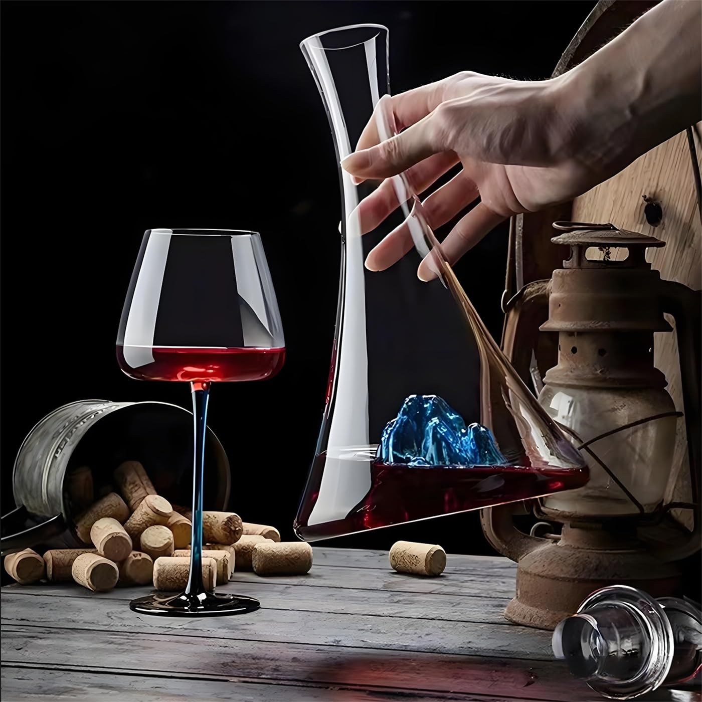 Decantador de Vino Juego, Cristal Soplado a Mano Sin Plomo Decantador Vino 1150 ml, con Tapón y 2 Copas de Vino Patrón de Iceberg Azul Decantador de Vino Cristal, para Amantes del Vino Padres