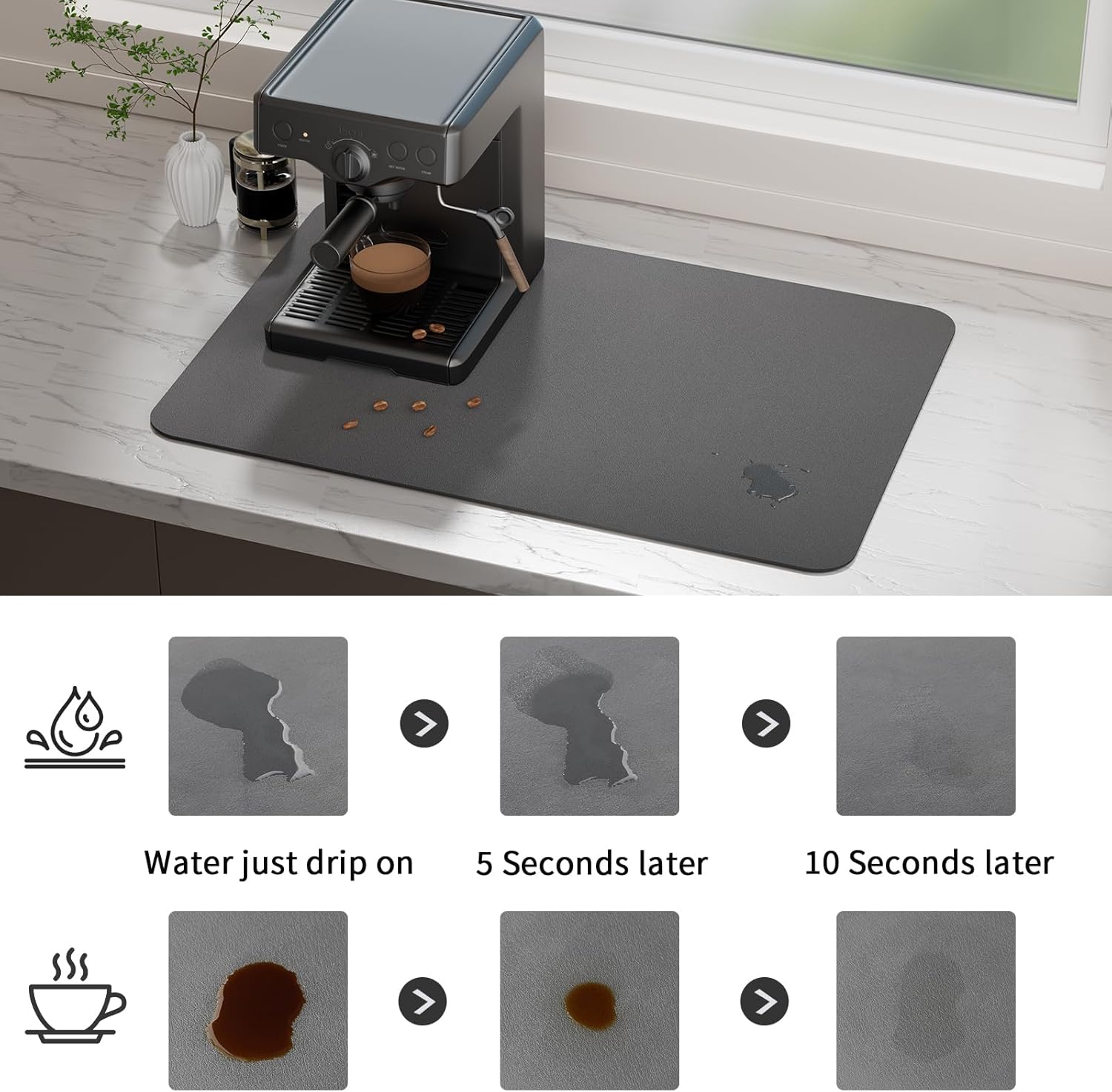 Ecotrim Coffee Mat Bar Accessories Espresso Machine Dish Drying Rack for Kitchen Counter - Dark Grey | 17" x 31.5"