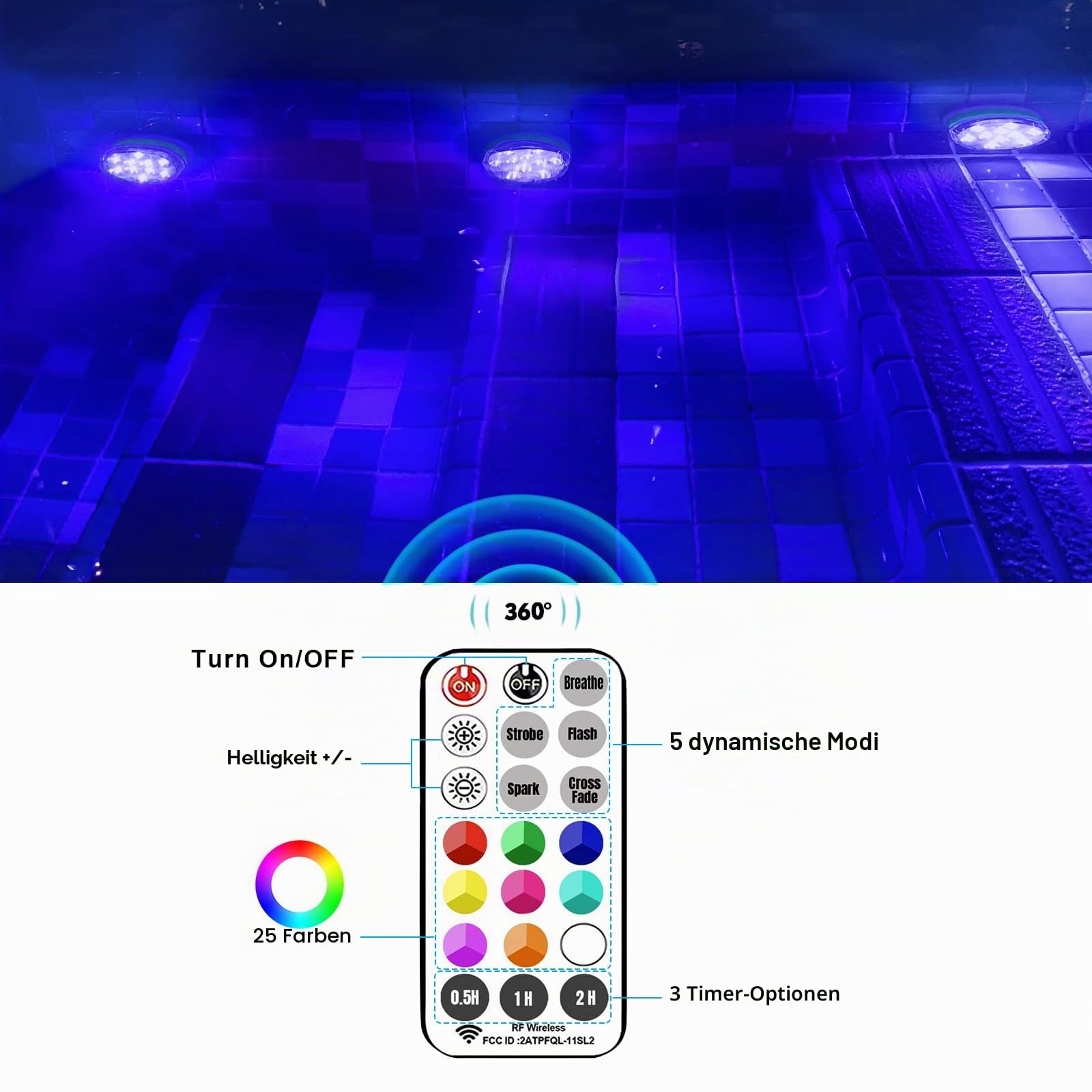 Wiederaufladbare Poolbeleuchtung mit Fernbedienung, Wasserdichte RGB Unterwasserlichter für Schwimmbad, 2 Stück
