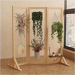 Foldable Floor Standing Balcony Plant Rack, Solid Wood Grid Display Stand Portable Wall Panels with Triangle Base Miscellaneous Storage with Hooks(105x105cm)