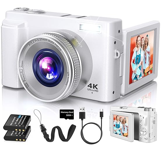 4K Digital Camera for Photography Autofocus, 2026 Latest 48MP Vlogging Camera for YouTube with SD Card, 2 Batteries, 3" 180°Flip Screen Compact Travel Camera for Teens with 16X Zoom (Off White) - Off White