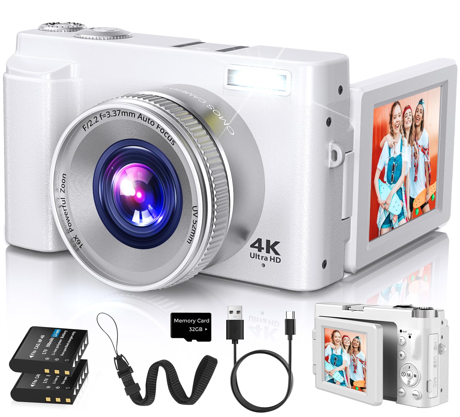 4K Digital Camera for Photography Autofocus, 2026 Latest 48MP Vlogging Camera for YouTube with SD Card, 2 Batteries, 3" 180°Flip Screen Compact Travel