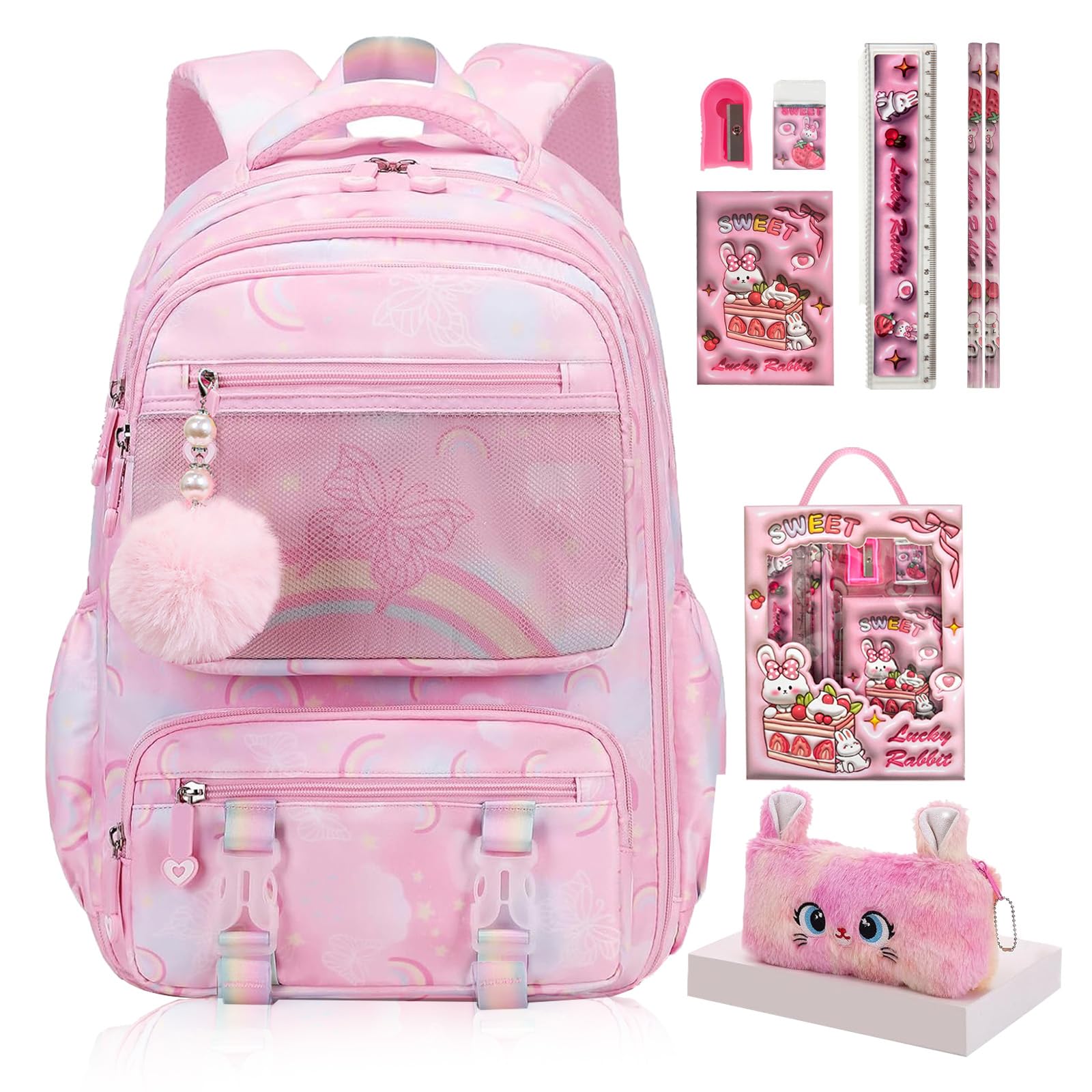 QJHEC Aesthetic Kawaii Rainbow Backpack