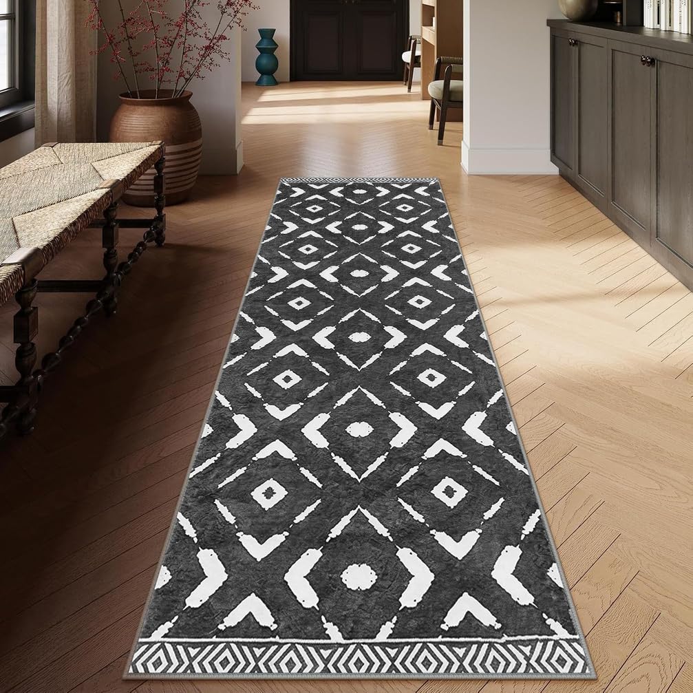 Tappeto Passatoia Antiscivolo 1.4 Metri, Tappeto lavabile per cucina, Tappeto Corridoio Interno Lungo per Ingresso Cucina Camera da Letto Casa，70 x 140 cm,Grigio，Boho Vintage