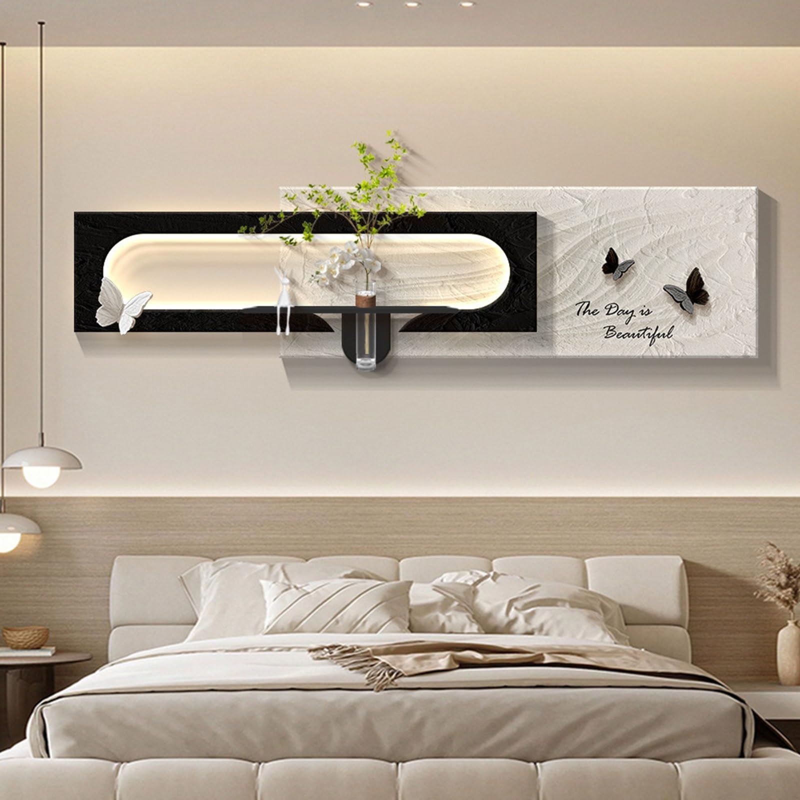 OECETCAWKD 3D Sandstone Led Wall Decor, Plug-in Wall Sculpture with Vase and Artificial Greenery,Hanging Decorative Paintings for Living Room,Borderless Wall Art(C,37 * 150cm/14.6 * 59.1in)