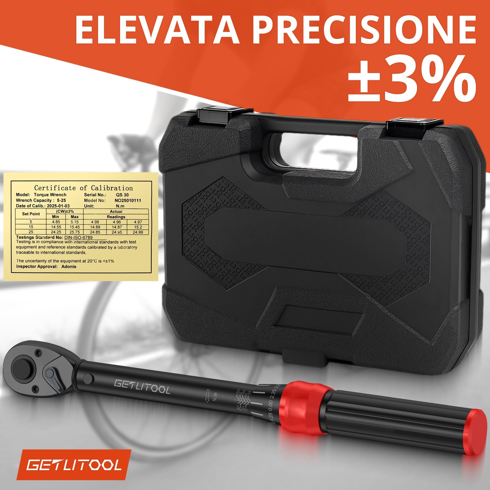 GETLITOOL 32 szt. zestaw kluczy dynamometrycznych 1/4" z 72 zębami, 5-25 Nm, stal CR-MO, z sześciokątnymi końcówkami torx Phillips XZN, kompasami, adapterami i walizką do roweru motocyklowego, funkcja