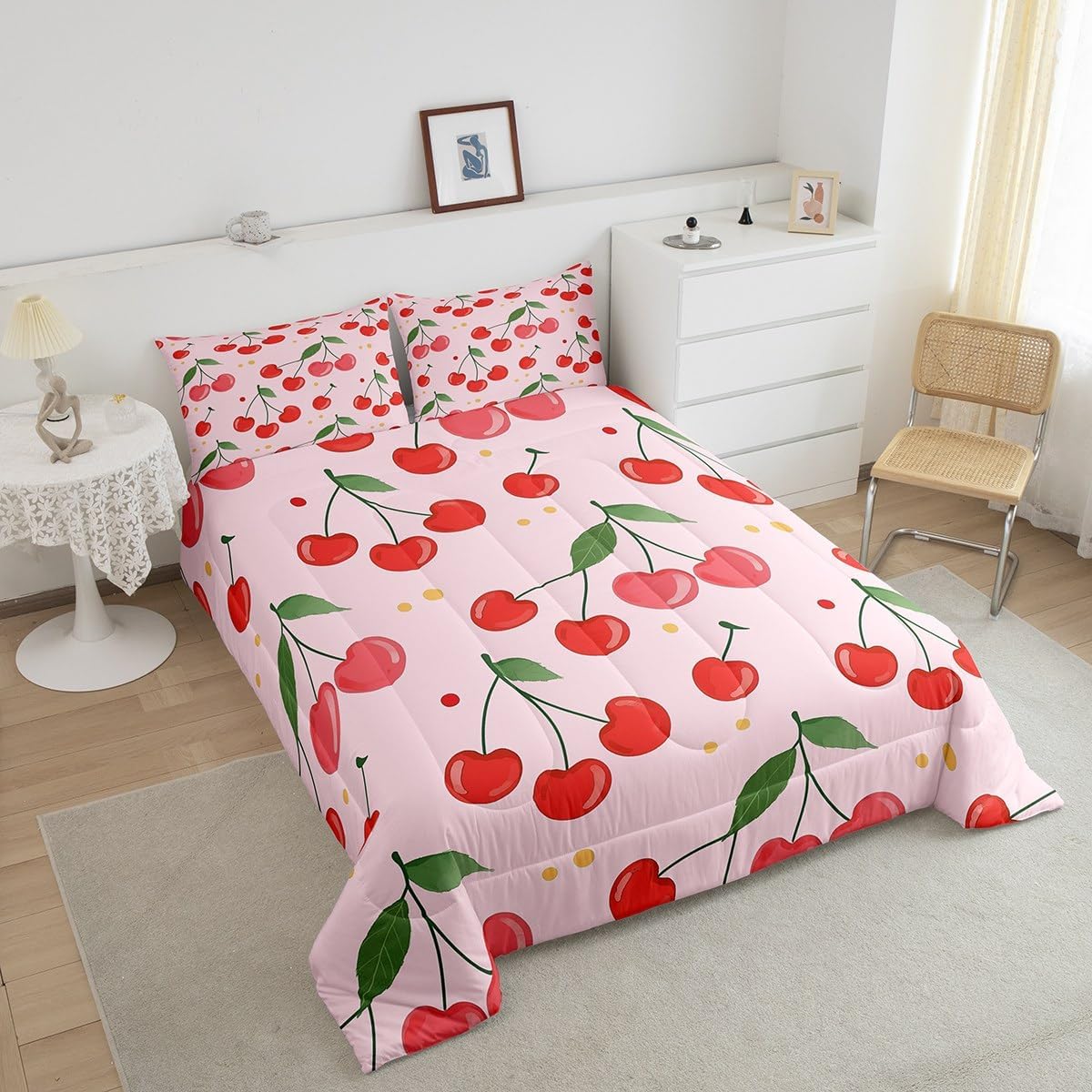 jejeloiu Cherry Comforter Set Toddler Kids Summer Fresh Fruit Pink Bedding Set for Boys Girls Teens Polka Dots Green Leaves Duvet Quilt Room Decor