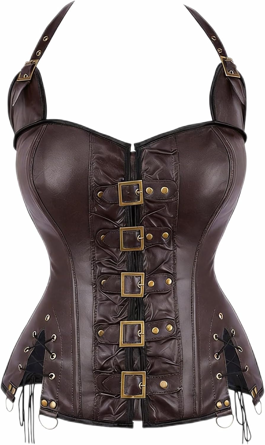 Women's Steampunk Faux Leather Corset, Gothic Buckle Front Steel Boned Waist Cincher Top