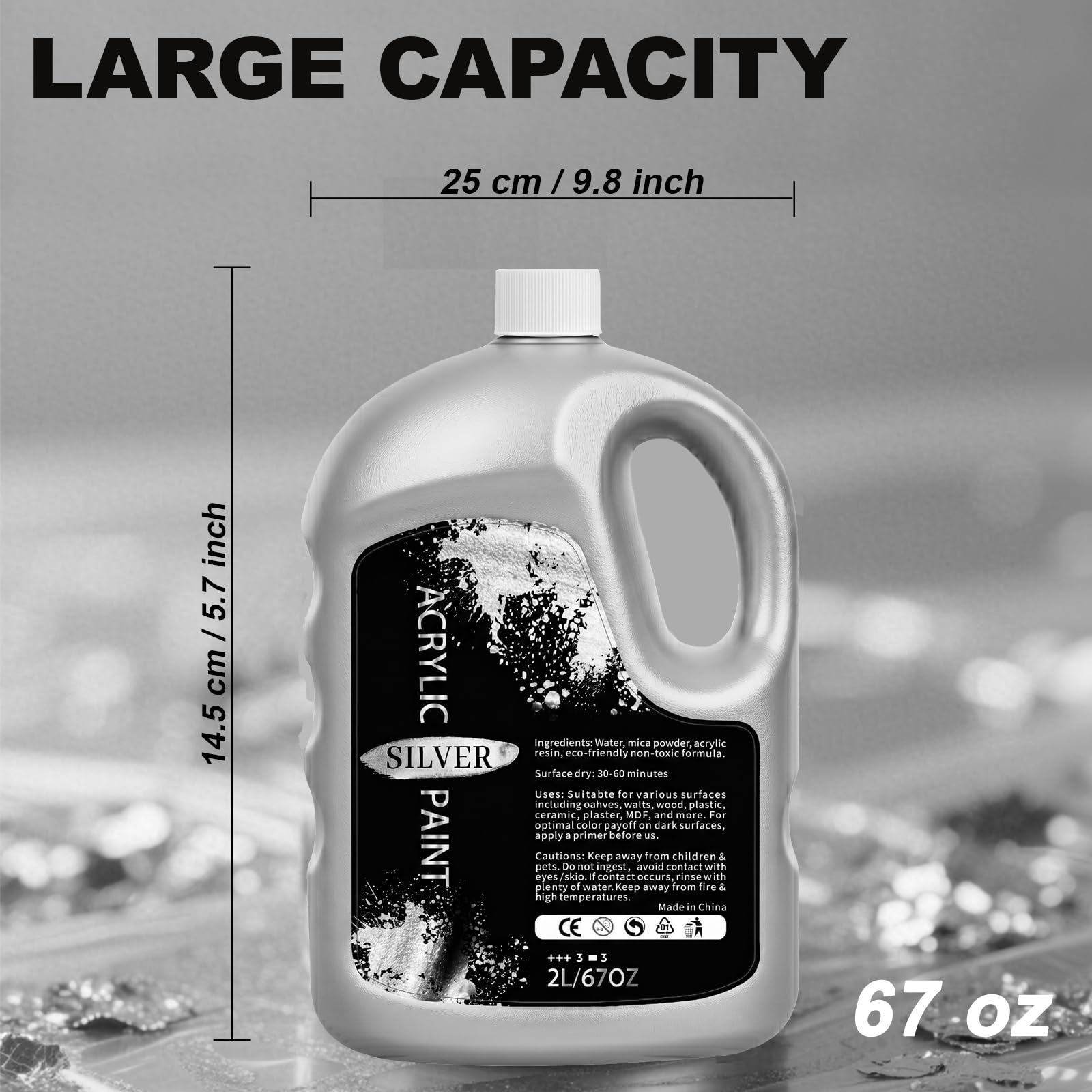 YULL Srebrna metaliczna farba akrylowa – 2000 ml wodoodporna i nieprzezroczysta srebrna farba akrylowa na płótno, kamień, drewno, papier, meble, tkanina i tektura do malowania