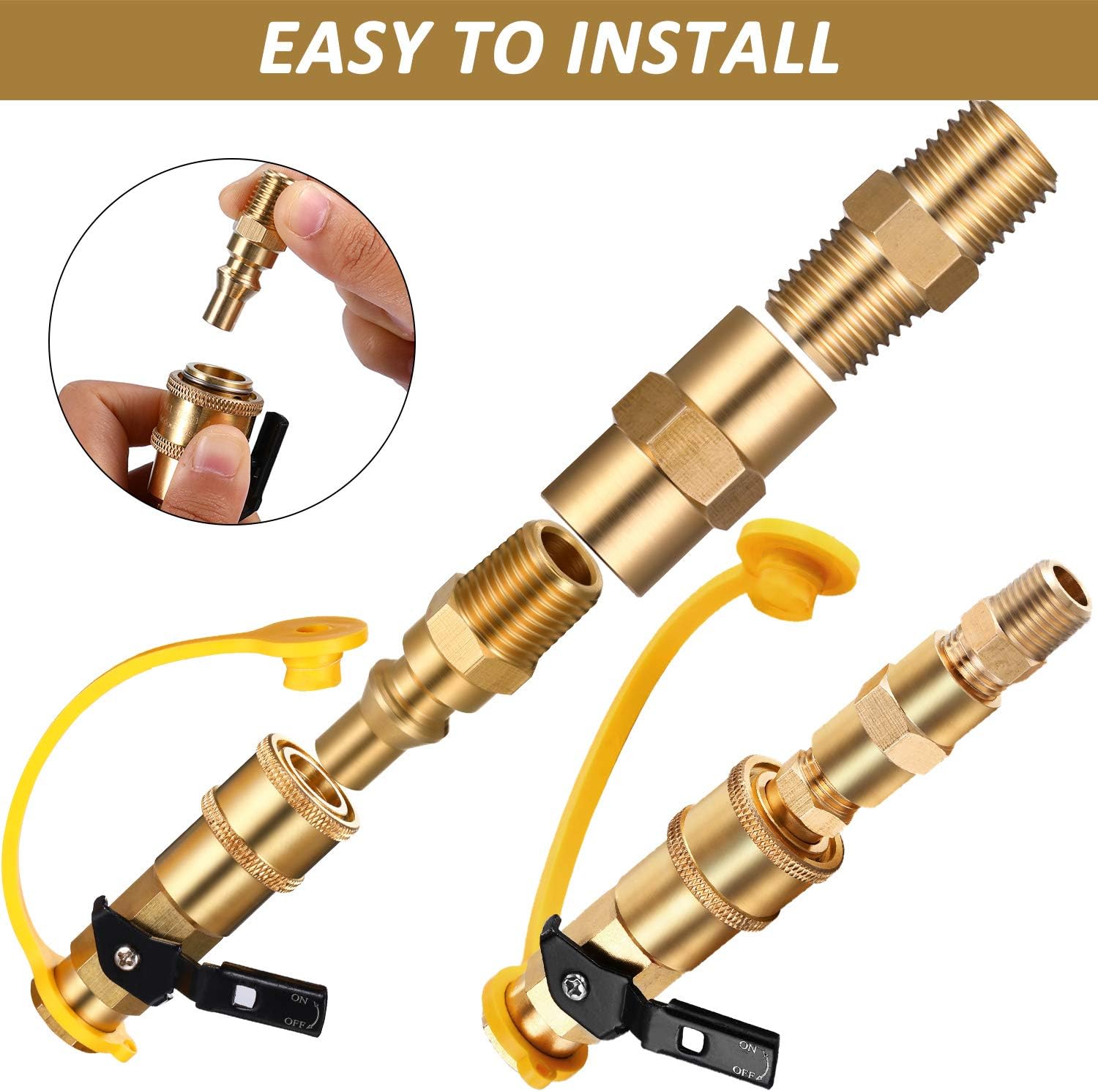 4 Pieces RV Propane Quick Connecting Adapter 1/4 Inch Shutoff Valve and Full Flow Plug for Propane Hose Hex Nipple Coupling Coupler Air Hose Fitting Brass Pipe Fitting 1/4 x 1/4 Inch NPT Female Pipe