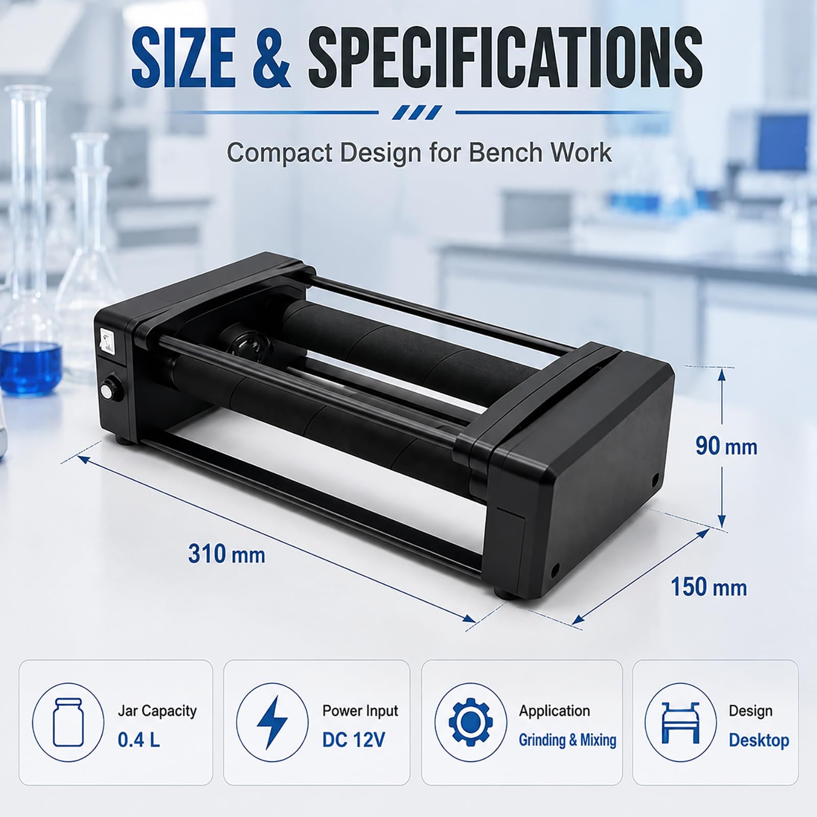 Labor-Desktop-Kugelmühle, Mahlkapazität 30–150 Ml | Horizontale Kugelmühlen-Poliermaschine mit0,4-l-Keramikbehälter,Timer und einstellbarem Geschwindigkeitsmischer zum Schleifen