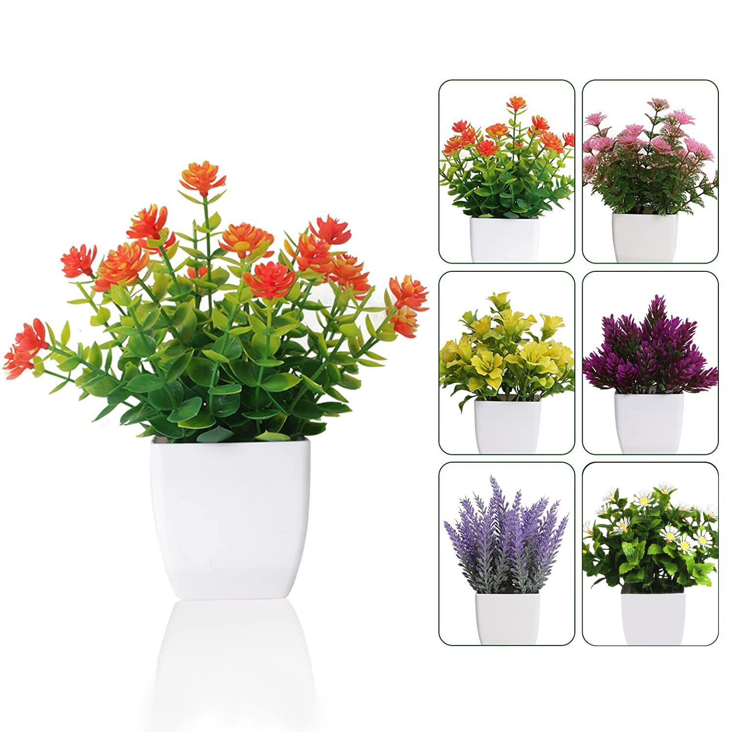 Confezione da 6 piante artificiali in vaso, piccole piante finte da interni, con vaso di plastica, per casa, ufficio, scrivania, tavolo, decorazione (fiore)