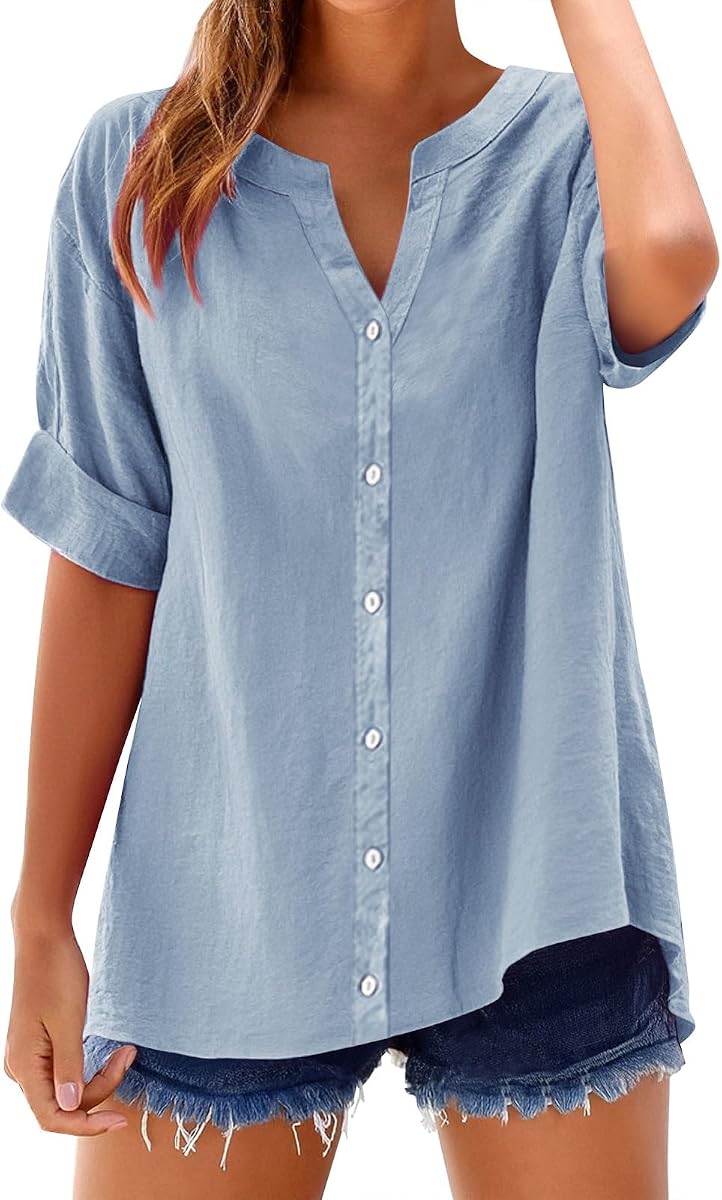 SHAOBGE Verano Tops para Mujer 2025 Moda Manga Corta Algodón Lino Camisa Casual Botón V Cuello Túnica Blusas Trajes