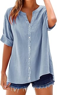 Summer Tops for Women 2025 Trendy Short Sleeve Cotton Linen Shirt Casual Button v Neck Tunic Blouses Outfits