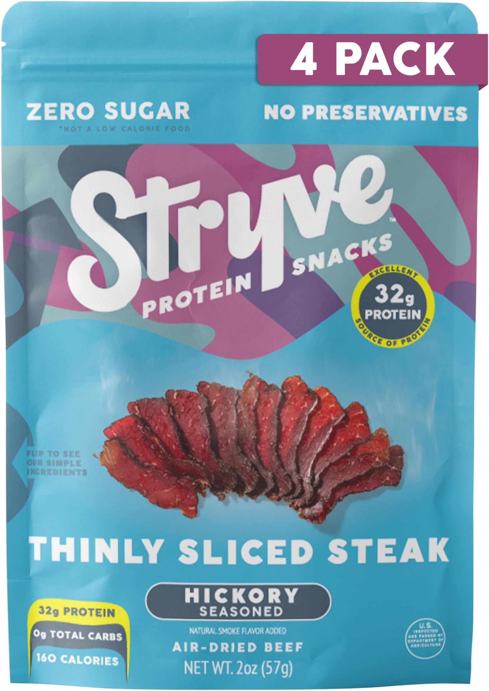 Stryve Protein Snacks - Better Than Jerky Steak Snacks. Protein Rich, Beef Biltong | 32g Protein, Sugar Free, Carbs Free, Gluten Free, Dairy Free, Keto & Paleo Friendly | Hickory, Pack Of 4